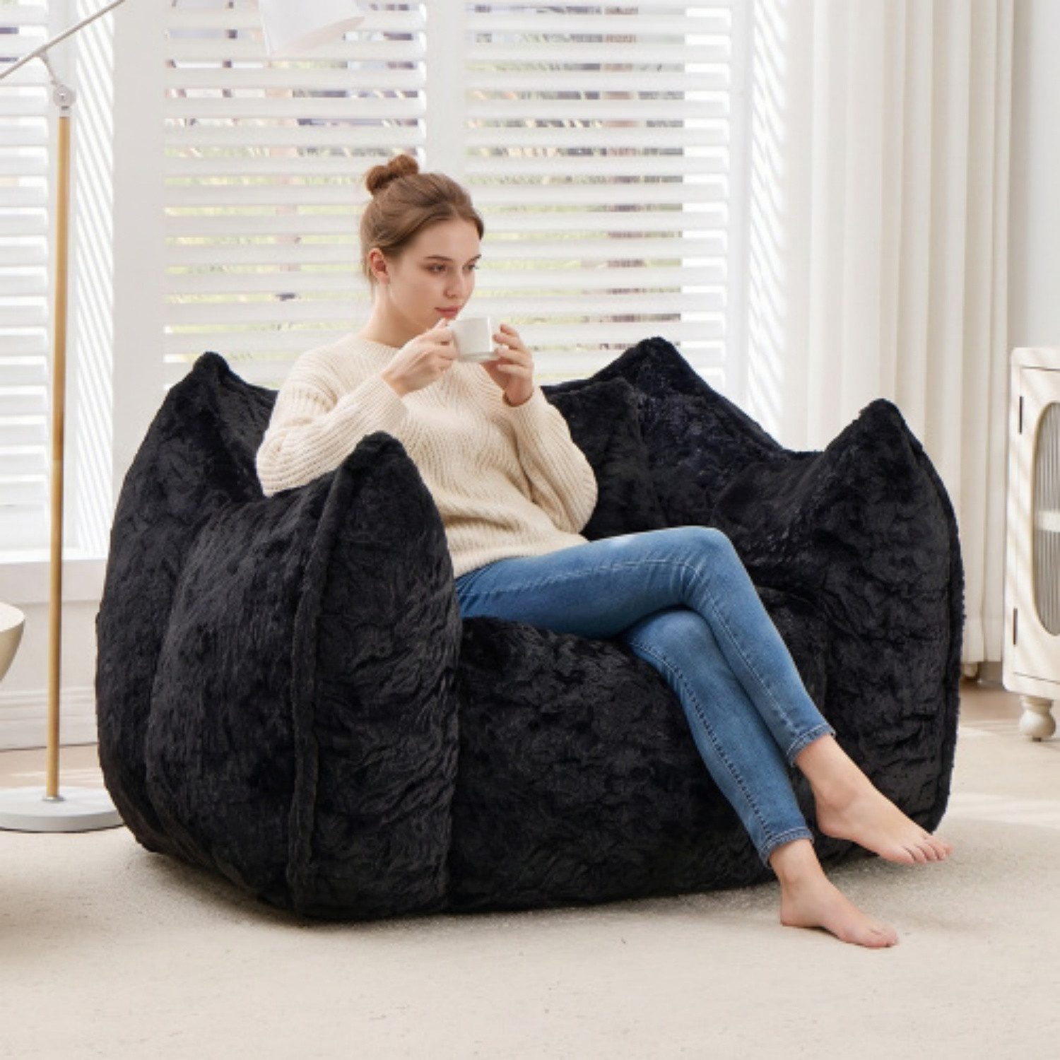 ANYSUN Sitzsack XXL Loungesessel mit Kissen, Kunstfell, für Erwachsene & Kinder (mit Armlehnen · mit Rückenlehne · mit Kissen), Mit Rückenlehne, breiten Armlehnen & Schaumstofffüllung, bis 200 kg