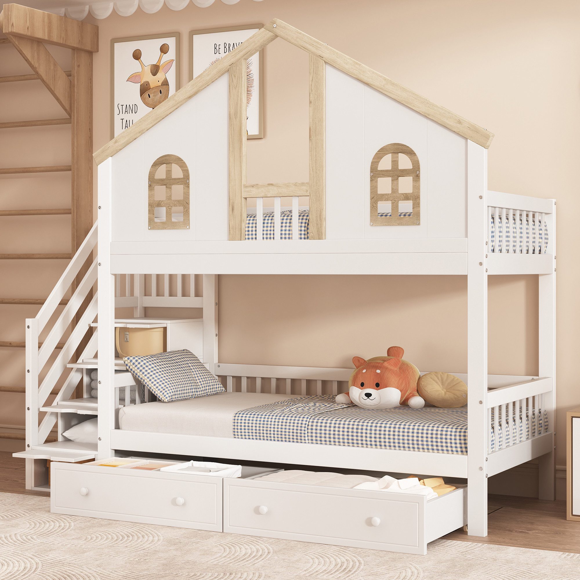 Merax Etagenbett (Stockbett mit Stauraum), Kinderbett 90x200cm mit 2 Schubladen und Stauraumtreppe, Kieferholz
