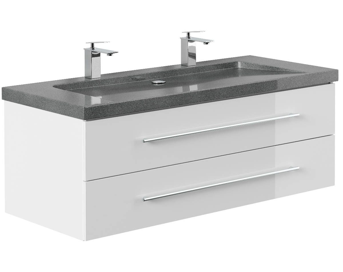 Posseik Waschtisch-Set Bad Doppel-Waschtisch NATURE 130cm, Granit-Becken, weiß hochglanz, (Badmöbel Set, 1-St., Waschtisch Set)