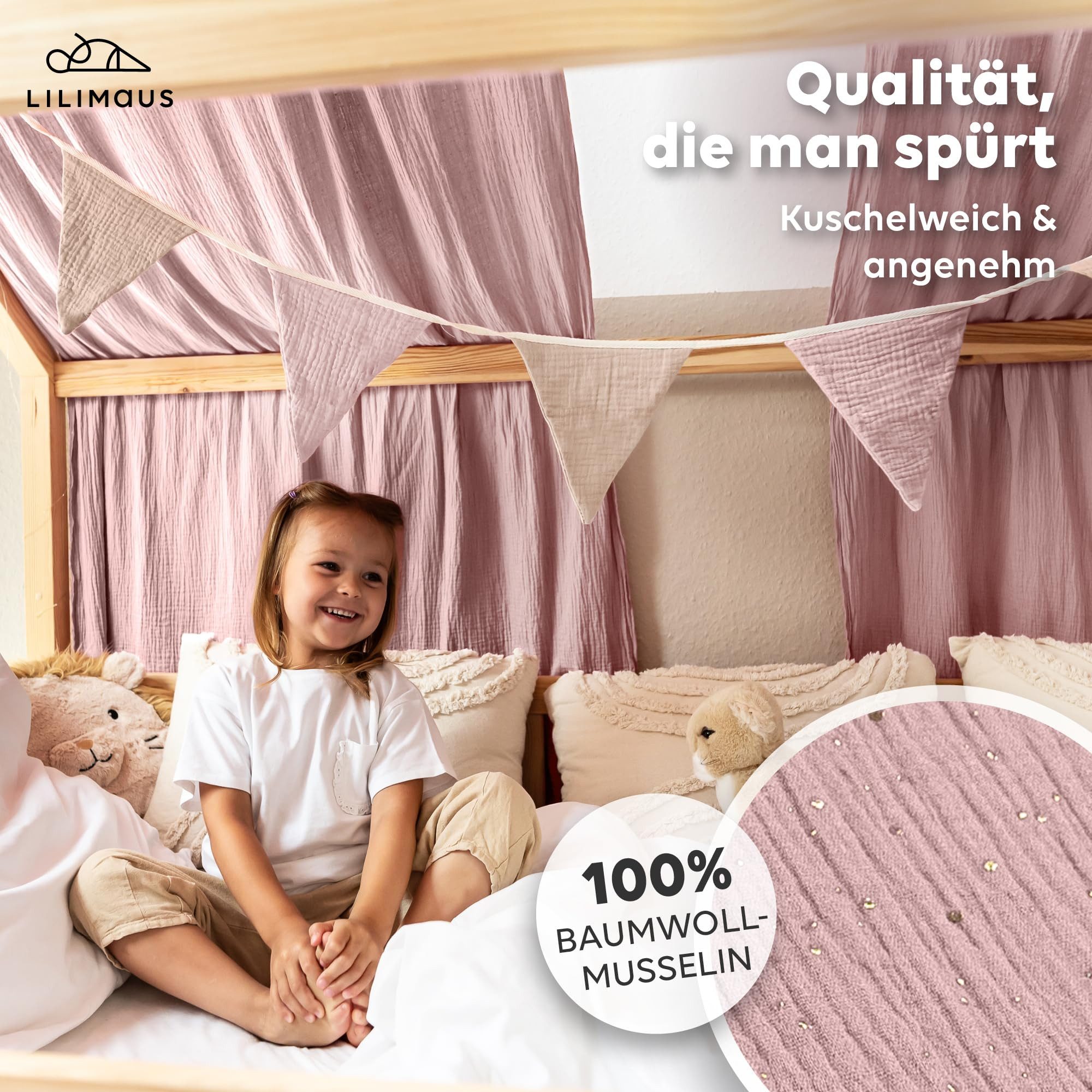 lilimaus Betthimmel Musselin Hausbett Himmel für Kinderzimmer mit Gold Appl günstig online kaufen