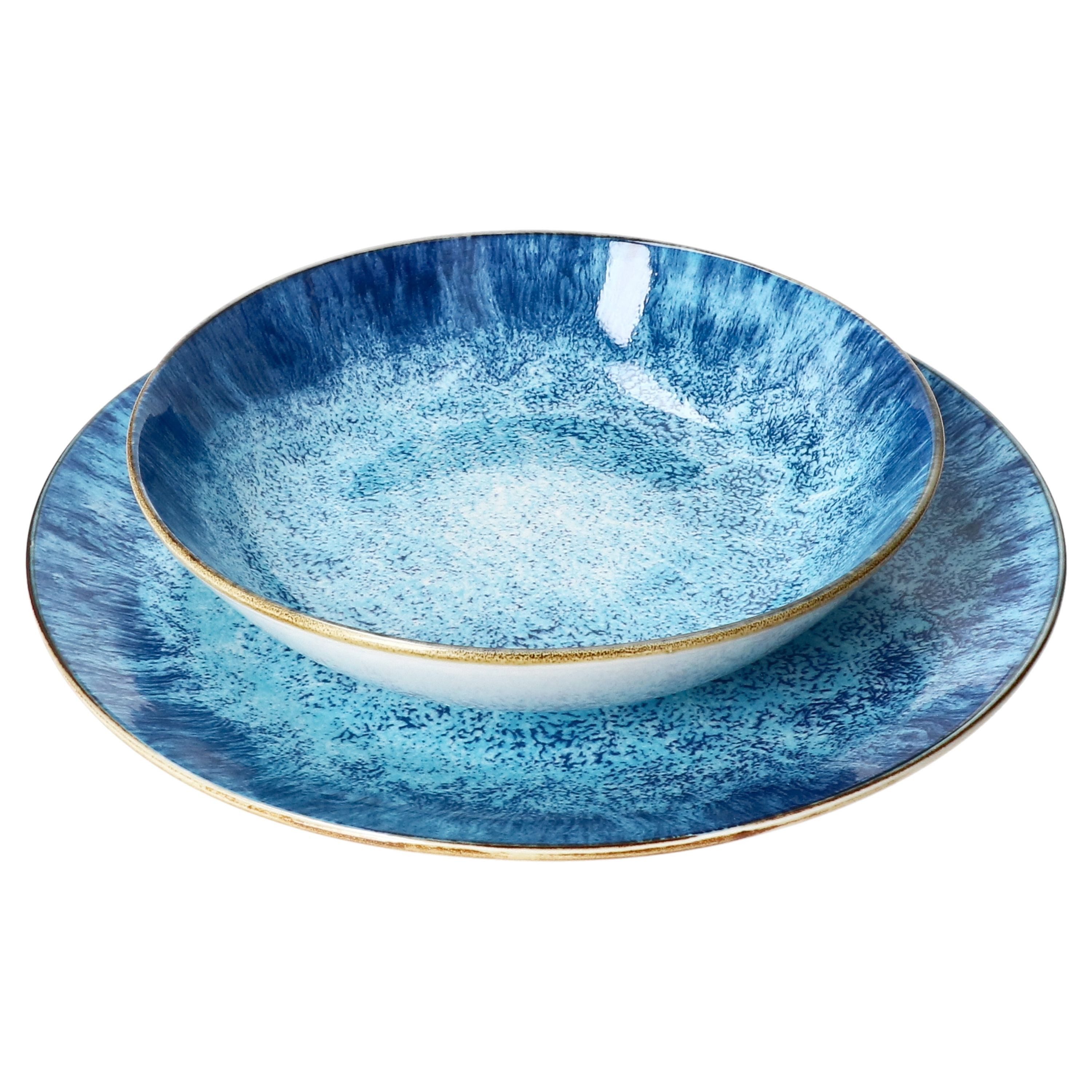 MamboCat Tafelservice Marina 12tlg Tafelservice Porzellan 6 Pers blaue Speiseteller, Porzellan