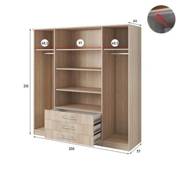 MOEBLO Drehtürenschrank RUTH 4D (mit Spiegel und Schubladen, Kleiderschrank 4-türig Schrank Garderobe Schlafzimmer) (BxHxT):200x210x64cm