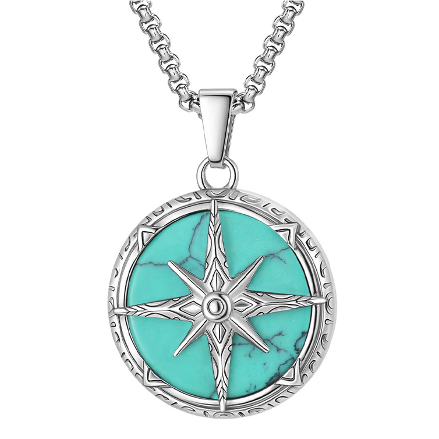 Kette mit Anhänger Halskette Kompass Silber Türkis Herren Edelstahl 60 cm