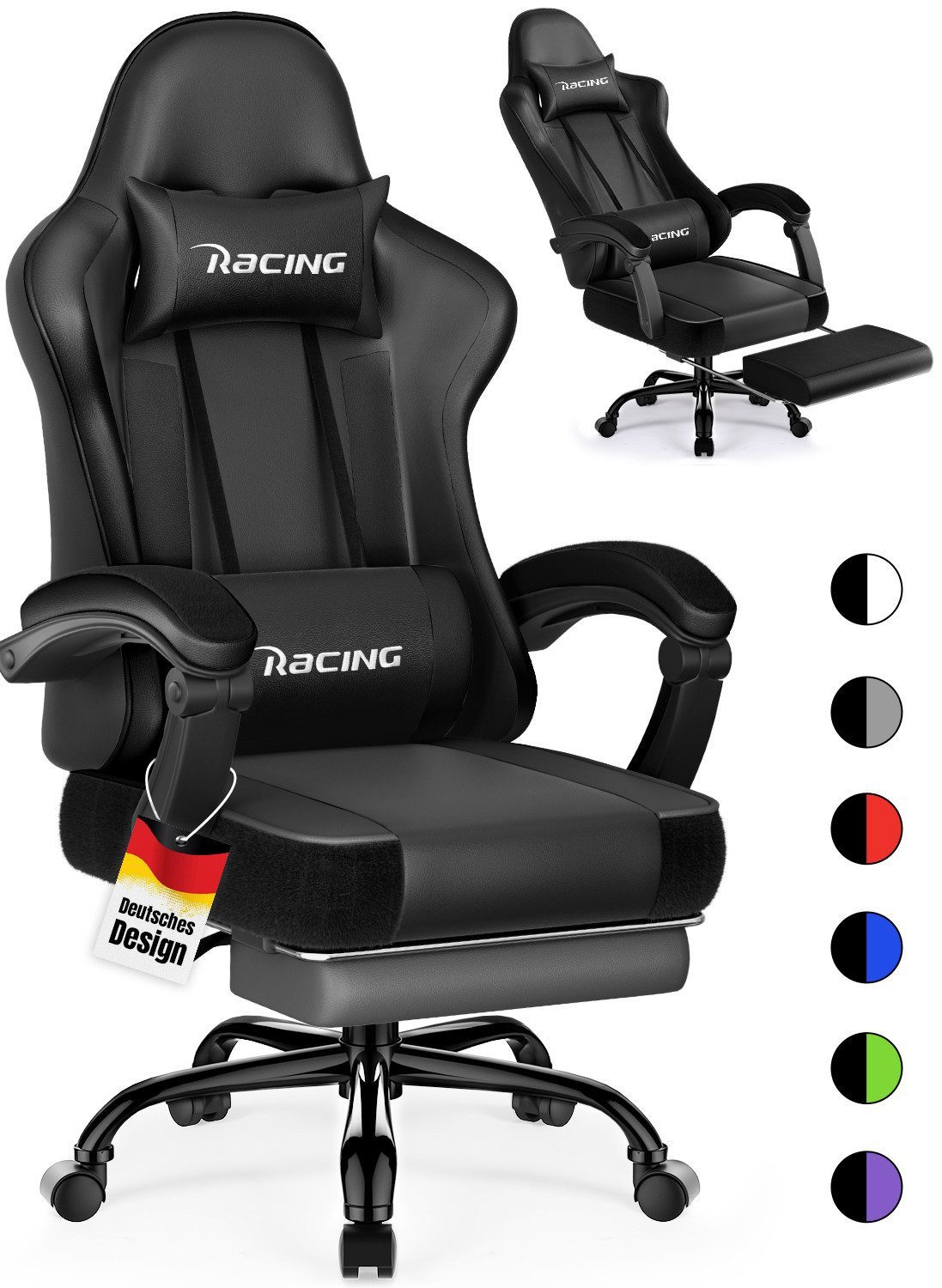 Hiazurm Gaming-Stuhl Gaming Stuhl Chair Gamer Sessel - Ergonomischer Gamer Stuhl (Tragkraft 150 Kg), Gamingstuhl mit Fußstütze Kopfstütze und Lordosenstütz PC Sessel