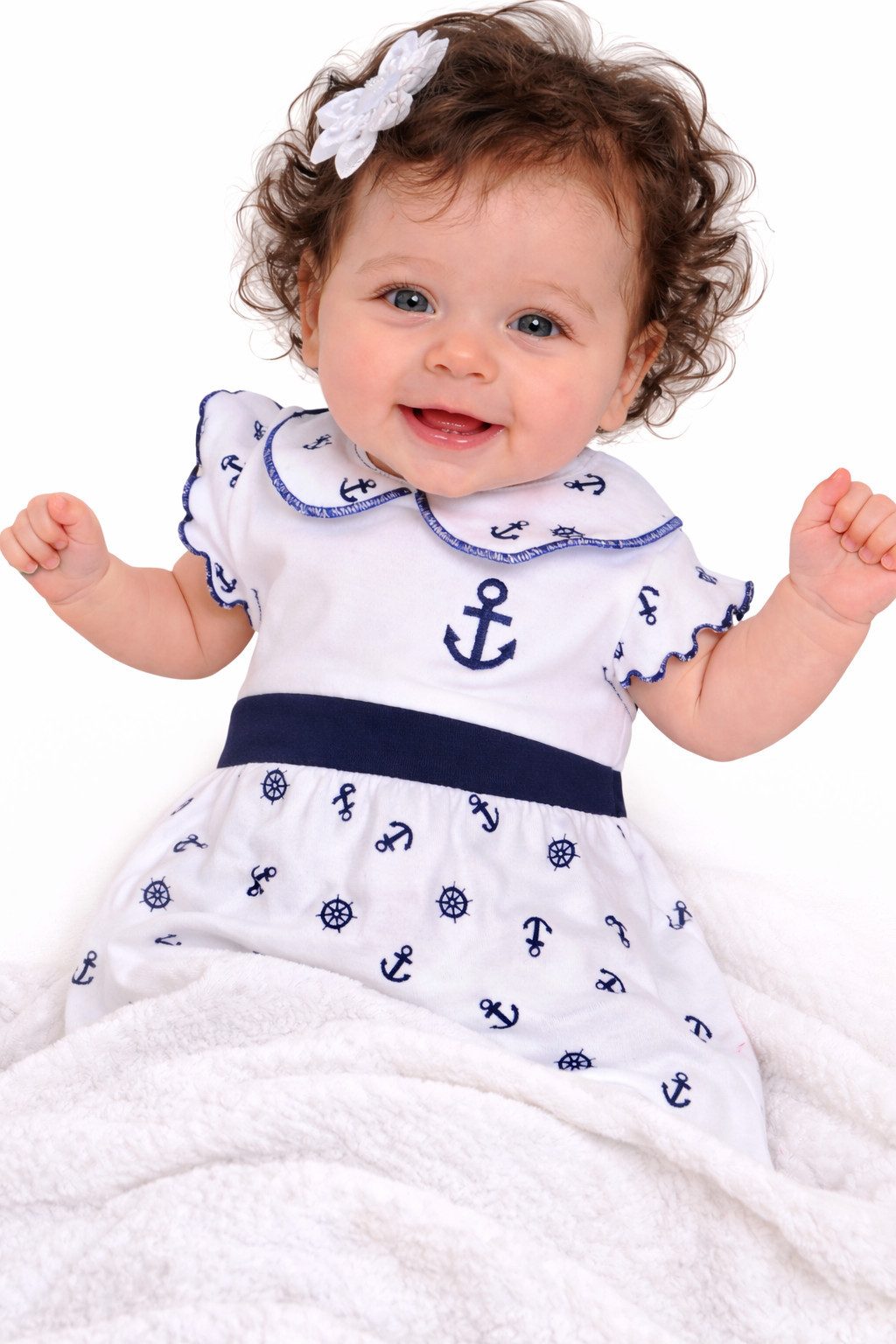 La Bortini Jerseykleid Kleid für Baby und Kinder in Weiß mit Anker aus reiner Baumwolle, 44 50 56 62 68 74 80 86 92 98 104 110