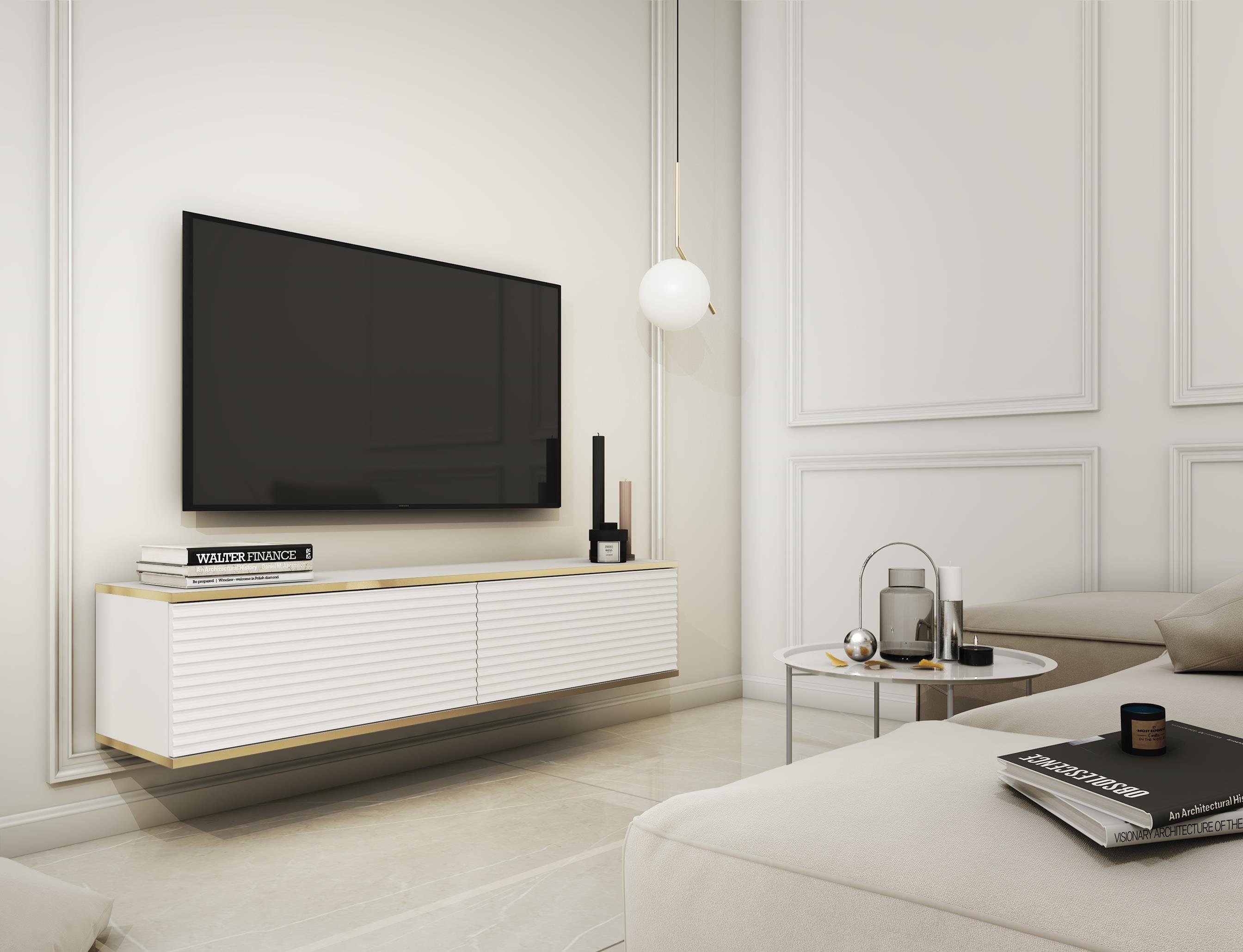 Furnix TV-Schrank LIWIA 135 MDF Fernsehschrank mit Zierleisten und Türen B135 x H30 x T32 cm Weiß/Gold