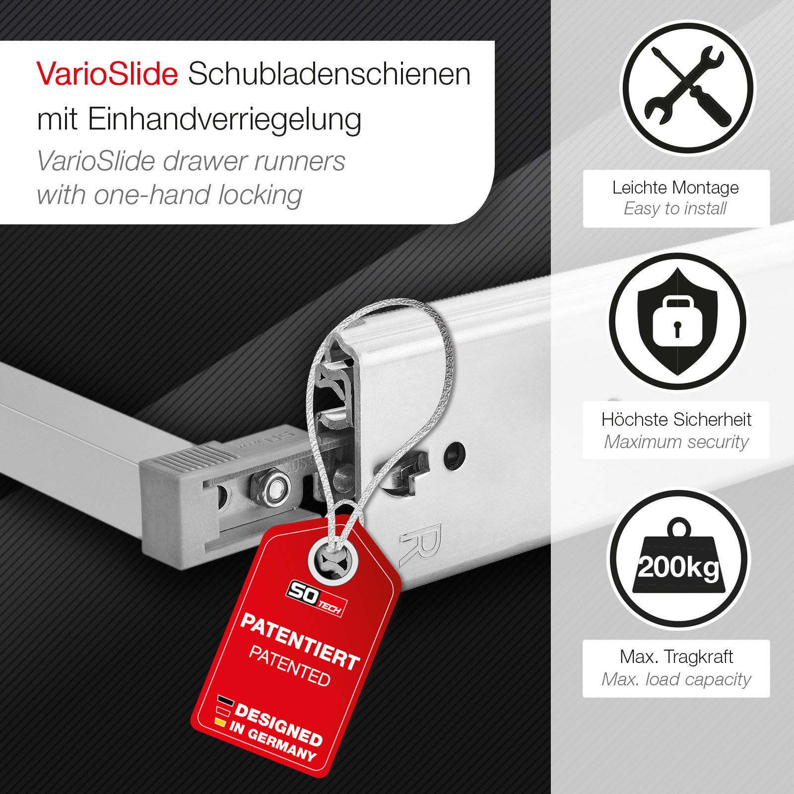 SO-TECH® Auszug VarioSlide bis 200 kg, mit Verriegelung, einhändig bedienbar (Set), Vollauszug 60 cm Breite, 50 cm Tiefe, ohne Front grau