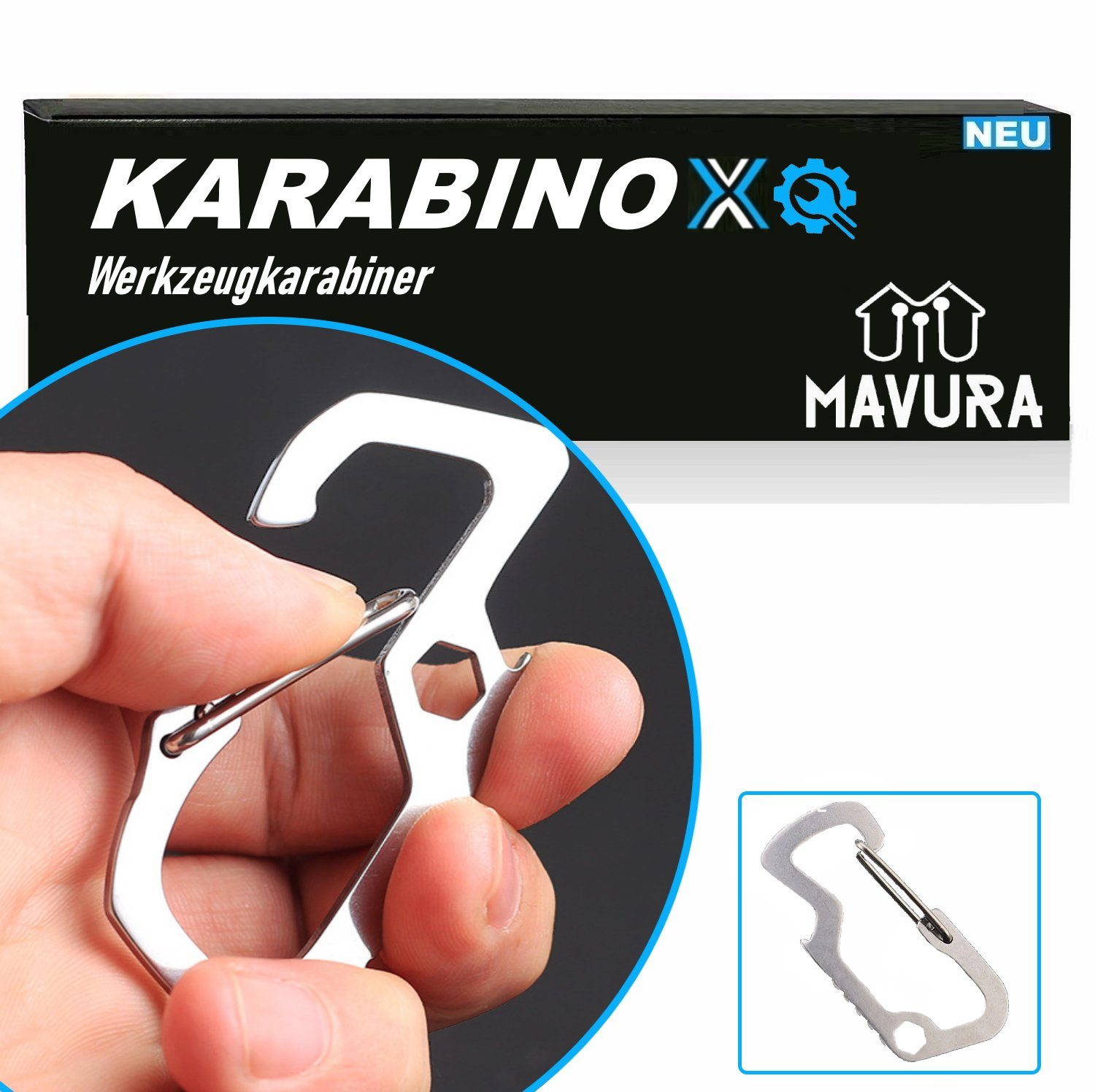 MAVURA Karabiner KARABINOX Werkzeugkarabiner Multitool Multifunktions Karabiner, (Schraubendreher), Edelstahl Werkzeug Flaschenöffner Ringverschluss D-Schnalle Clip