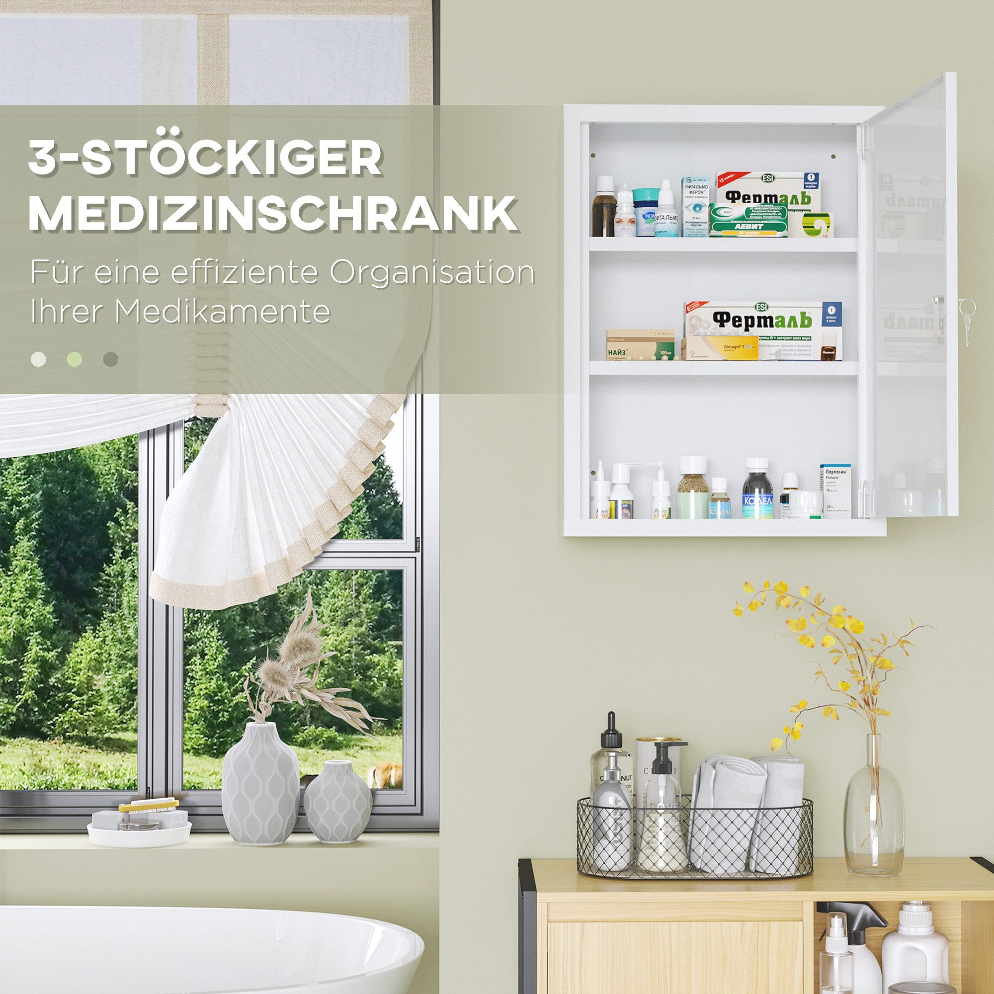 Kleankin Medizinschrank Apothekerschrank, Medikamentenschrank, mit 2 Schlüsseln, Stahl (Erste Hilfe Schrank, 1-St., Medikamentenschrank) Stahl, Weiß, 40 x 15 x  – Bild 5 von 5