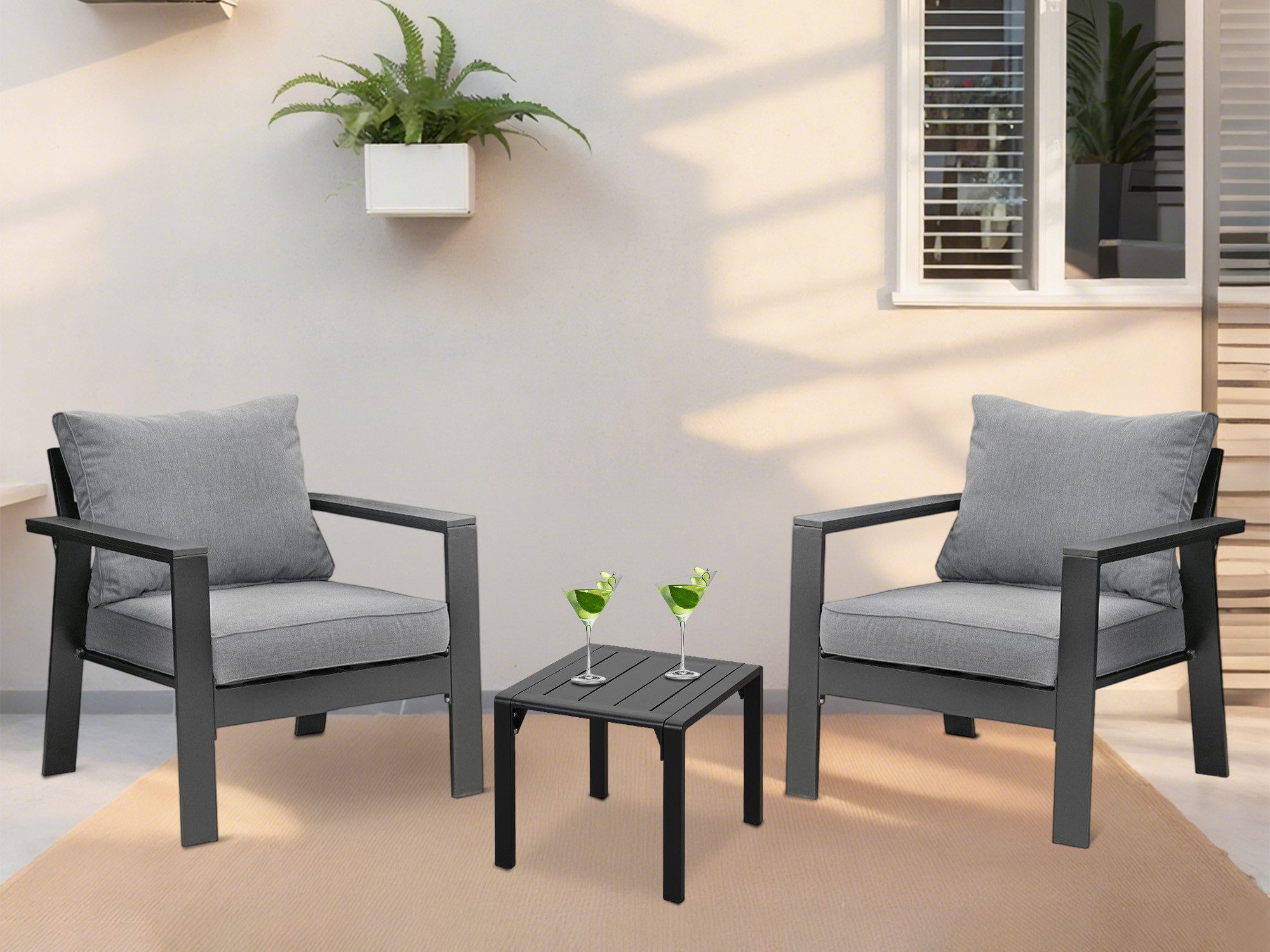 MeXo Gartenlounge-Set Lounge Gartenmöbelset Aluminium, (Kleine Balkonmöbel Set, 3-tlg., 2 Gartenstühle, 1 Couchtisch, inkl. 4 Auflagen), Outdoor Loungemöbel Sitzgruppe für 2 Personen