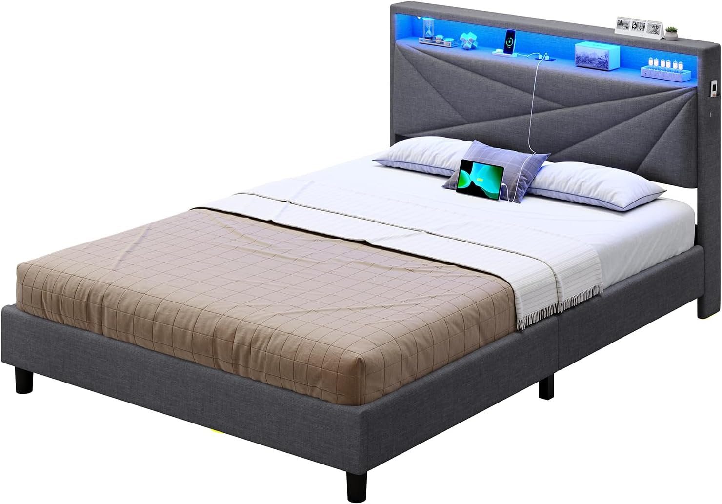 KIMENICH Polsterbett mit LED Beleuchtung und Steckdosen, Kopfteil mit Stauraum (Ohne Matratze), Jugendbett Funktionsbett 140 x 190cm