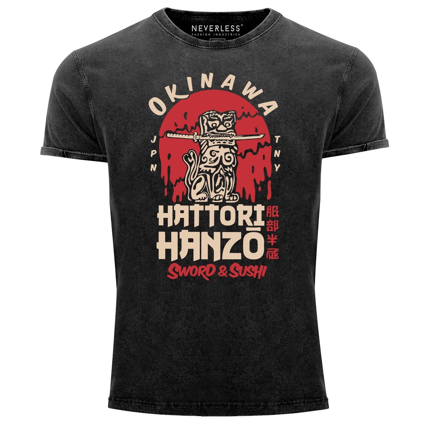 Neverless Print-Shirt Herren Vintage Shirt Hattori Hanzo Sword and Sushi Okinawa Japan Schriftzeichen Superior Design Used Look Neverless® mit Print schwarz