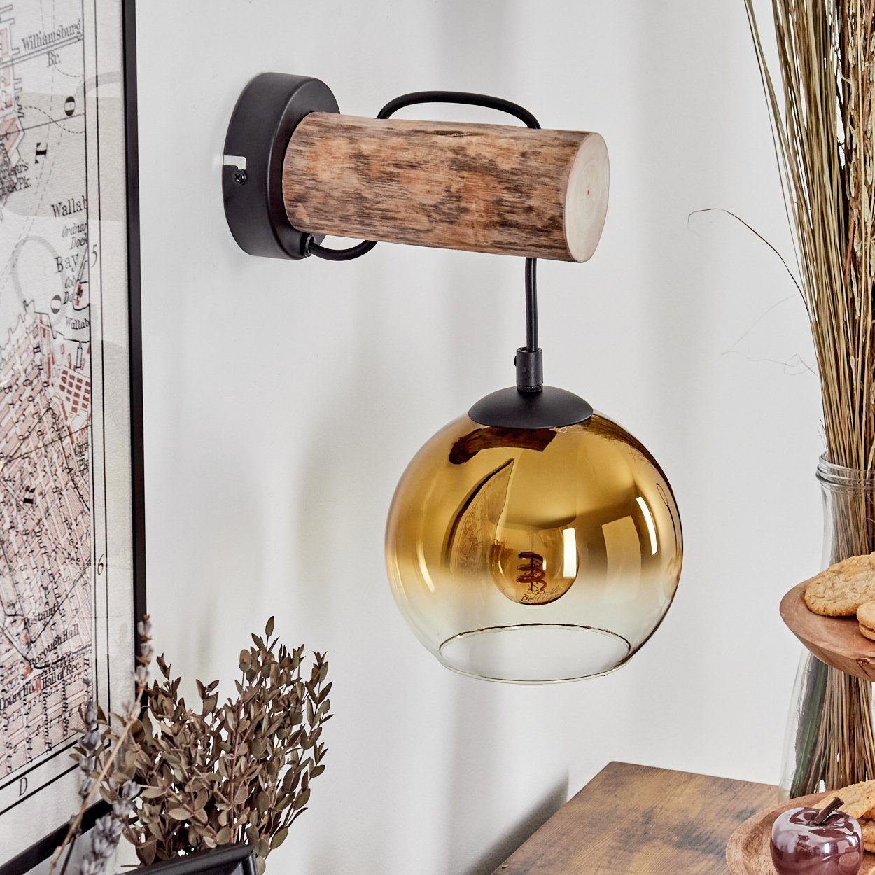 hofstein Wandleuchte Wandlampe aus Metall/Holz/Glas in Schwarz/Natur/Gold/Klar, ohne Leuchtmittel, Leuchte mit Glasschirm, An/-Auschalter, 1xE27, ohne Leuchtmittel