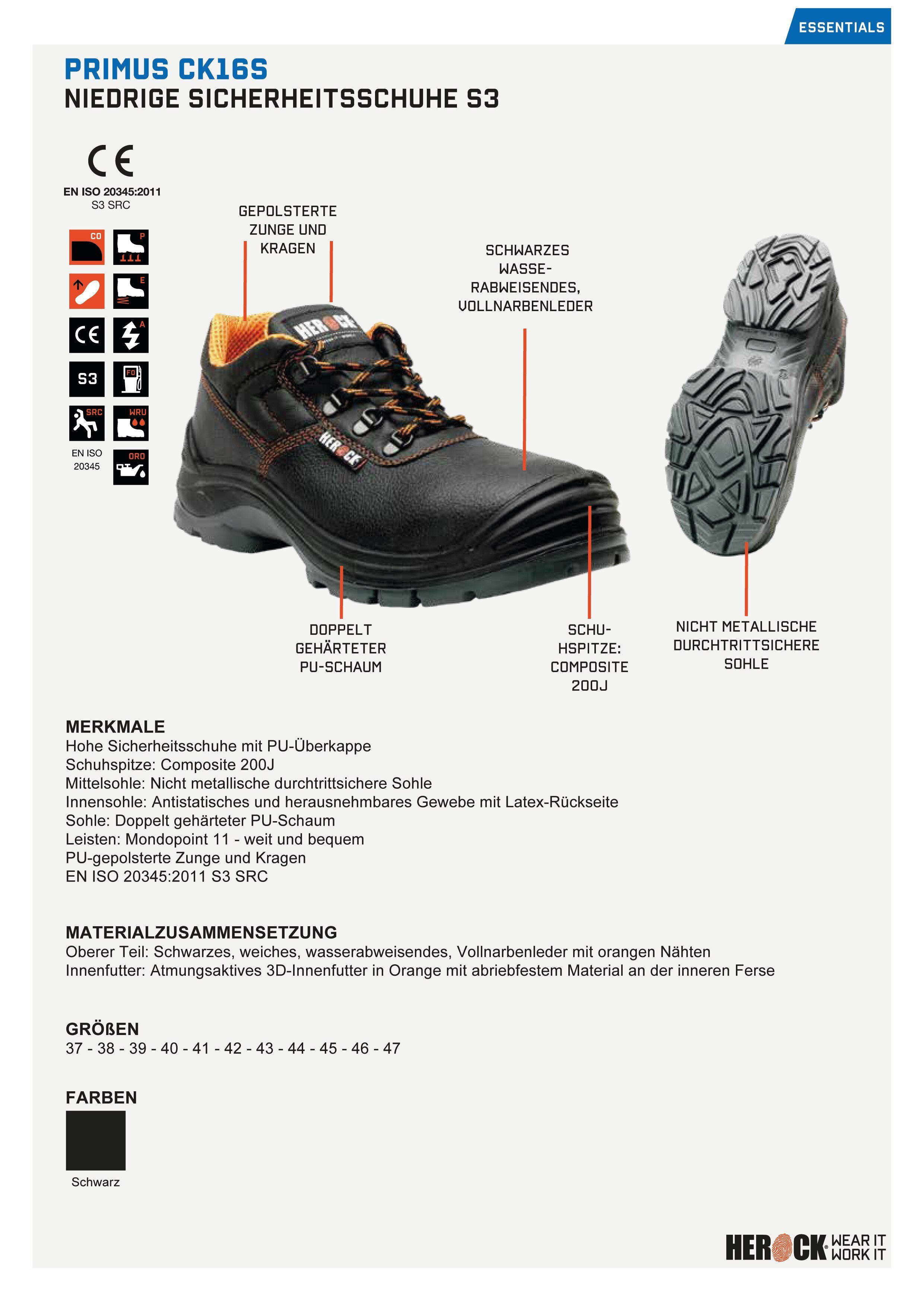 Herock Primus Low Compo Klasse bequem, PU-Überkappe, und leicht, Sicherheitsschuh S3 S3, Schuhe durchtrittsicher weit