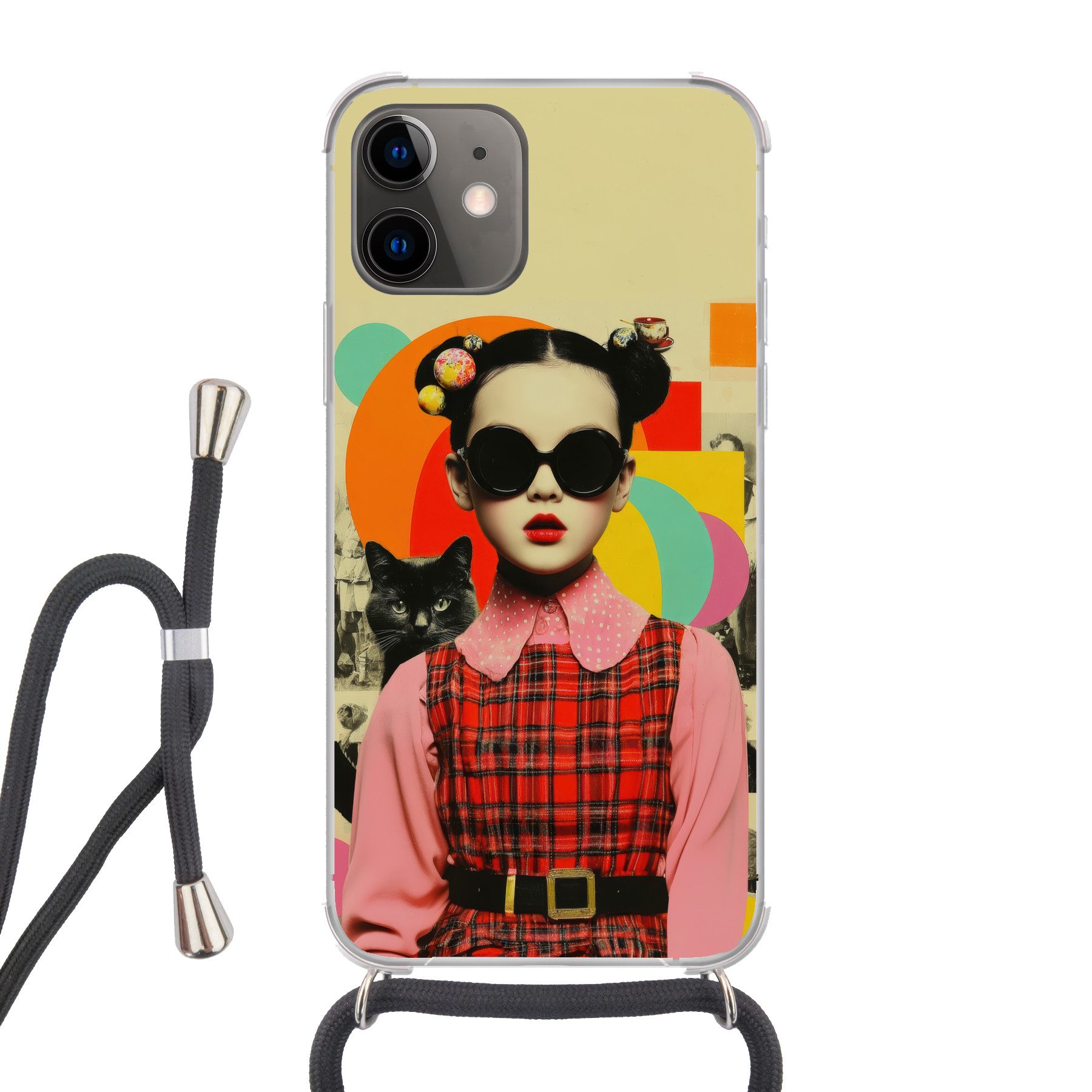 MuchoWow Handyhülle für Apple iPhone 12 Mini Mädchen - Sonnenbrille - Katze - Retro, Tragbare Handyhüllen mit Kette zum umhängen, Handykette Handyband
