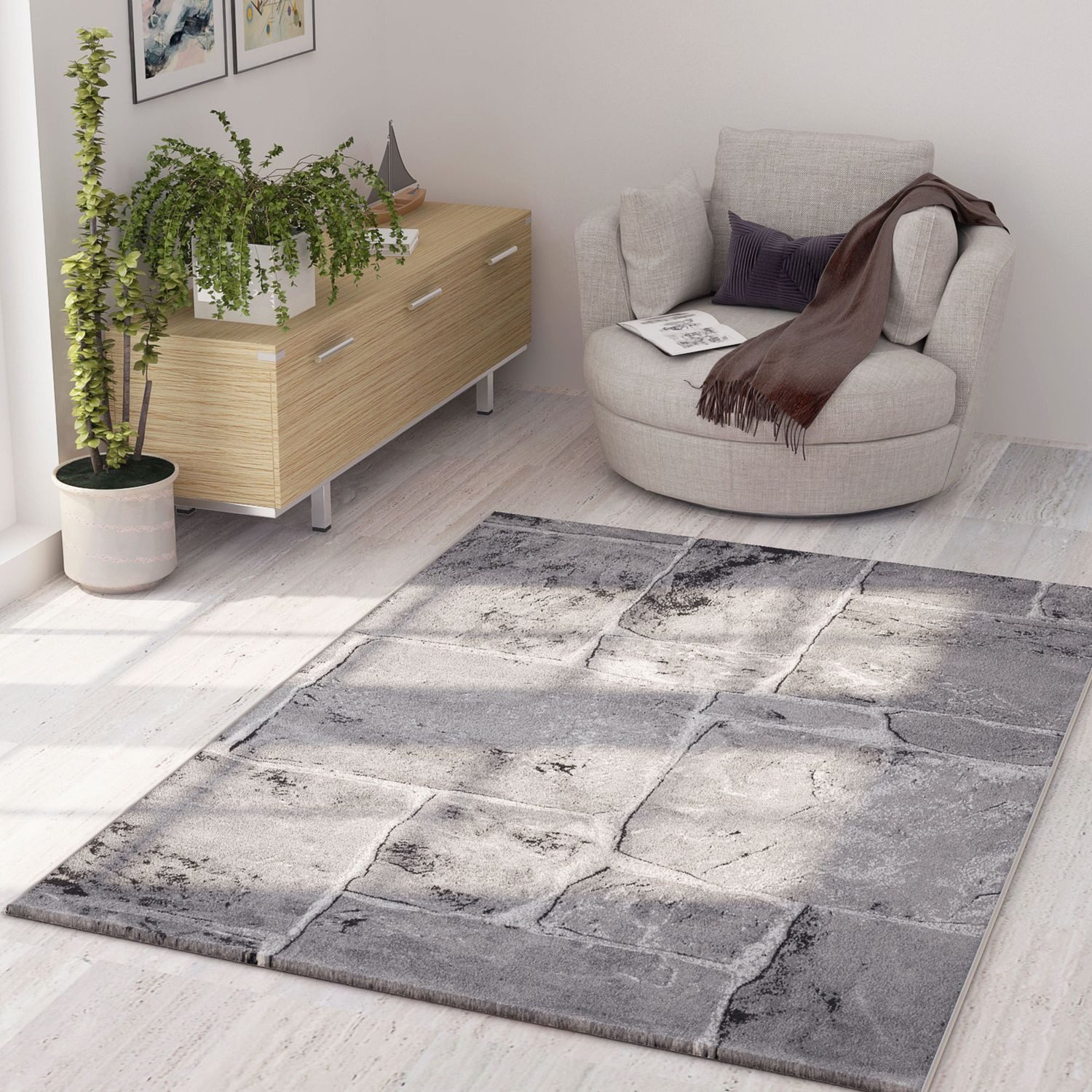 Vimoda Teppich Designer Teppich Wohnzimmer Grau Steinmauer Granit Motiv, Re günstig online kaufen