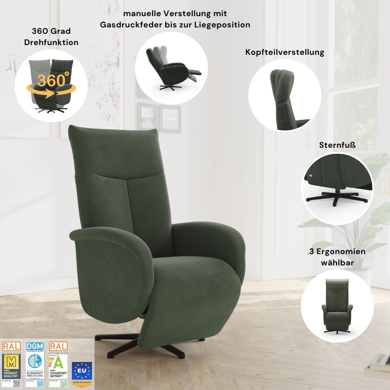 sit&more TV-Sessel Juma, inkl. Drehfunktion & Kopfteilverstellung, Höhe Armlehne 62 cm, wahlweise mit Aufstehhilfe, 2 Motoren und Akku