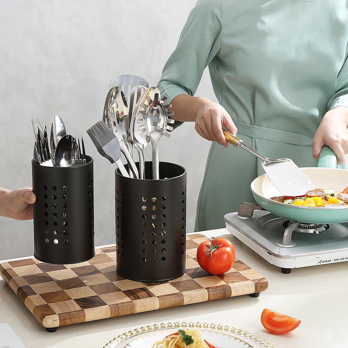 FELIXLEO Besteckhalter Küchenutensilienhalter Schwarz Edelstahl Besteckhalter, (2-tlg) – Bild 5 von 5