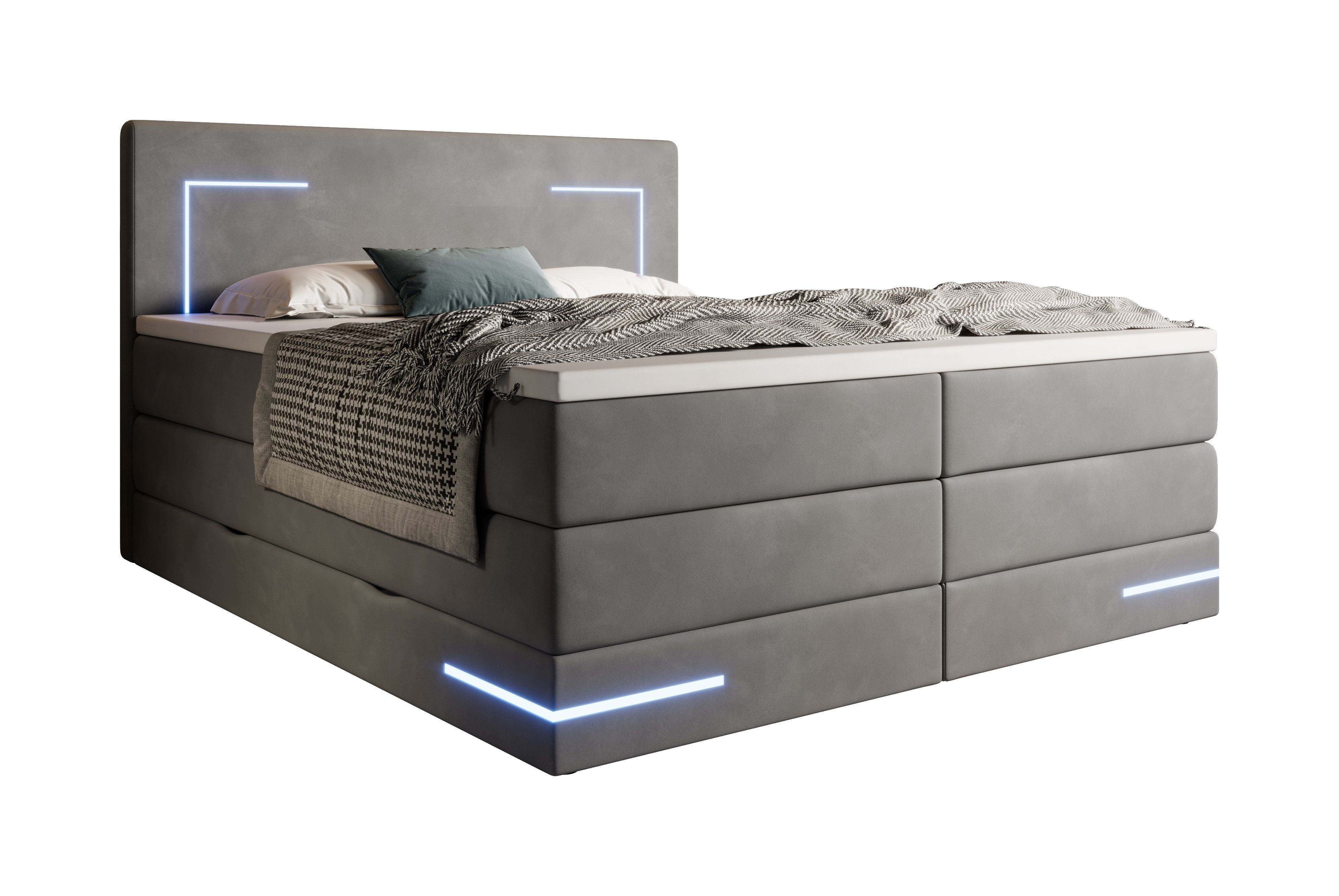 wonello Boxspringbett Detroit, Samt Bett mit LED Beleuchtung, Bettkasten und Topper