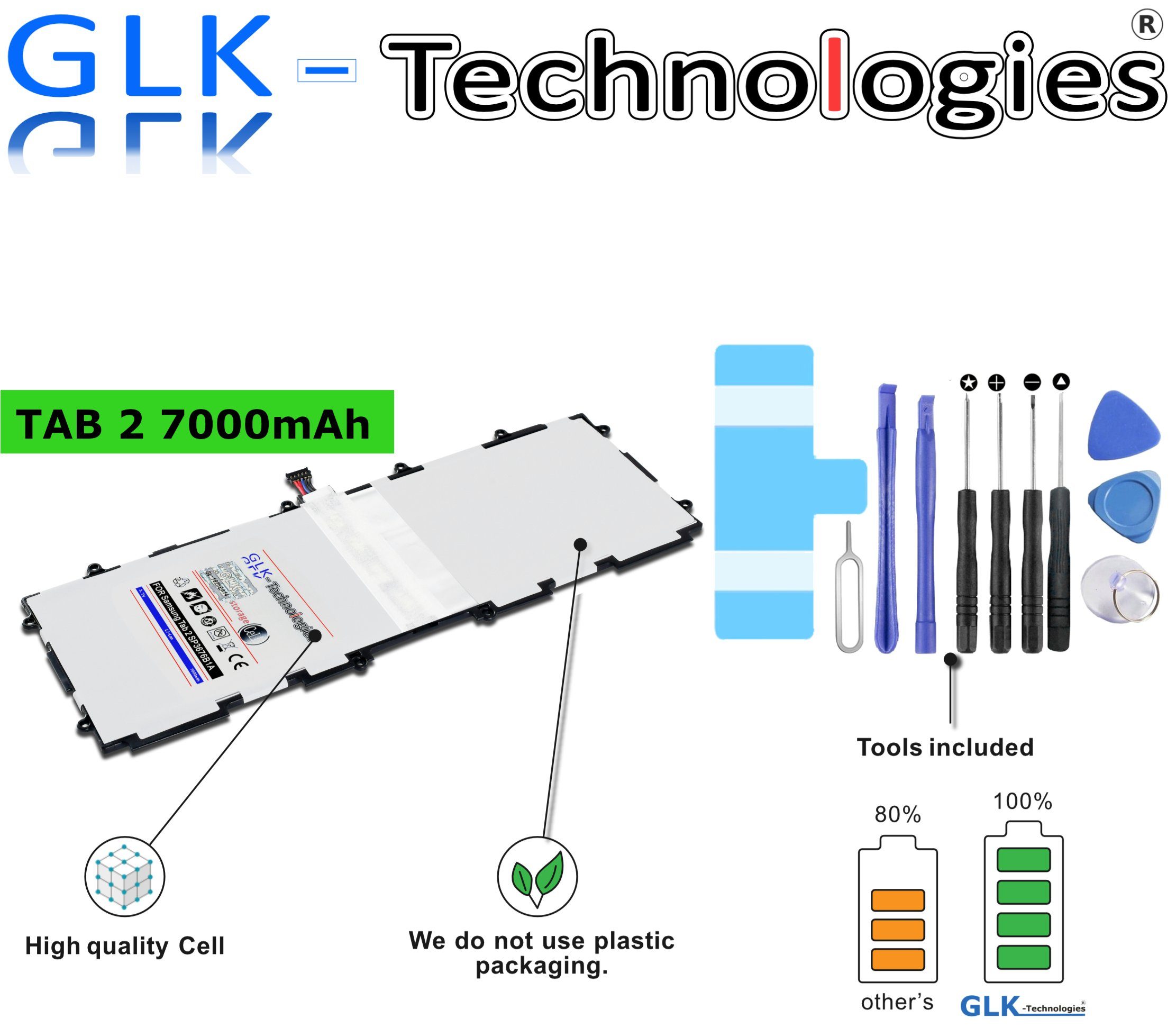 GLK-Technologies Ersatzakku Samsung GT-7511 Galaxy Tab 2 10.1" GT-P5100 GT-P5110 GT-P7500 GT-P7510 GT-N8000 GT-N8010 SCH-i905 SP3676B1A, Original GLK-Technologies Battery, accu, 7000 mAh Akku, + Werkzeug Set Kit Tablet-Akku 7000 mAh (3.8 V)