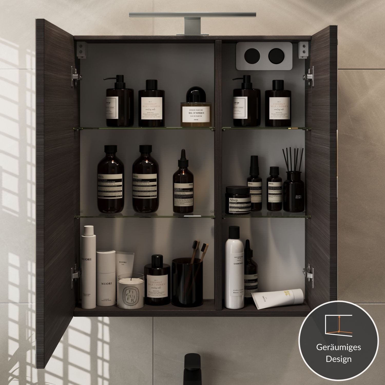 Planetmöbel Badezimmerspiegelschrank Spiegelschrank mit LED Beleuchtung 60cm (Anthrazit)