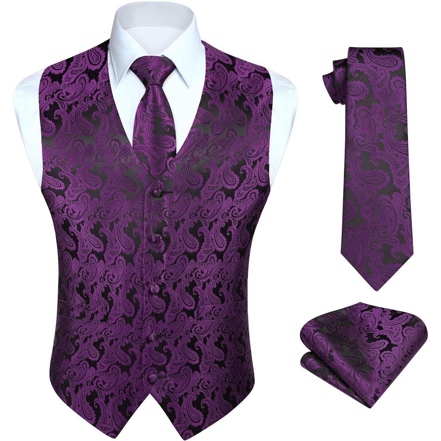 LuxusKollektion Anzugweste Weste Herren Floral Jacquard Hochzeit Krawatte Einstecktuch S Lila-2