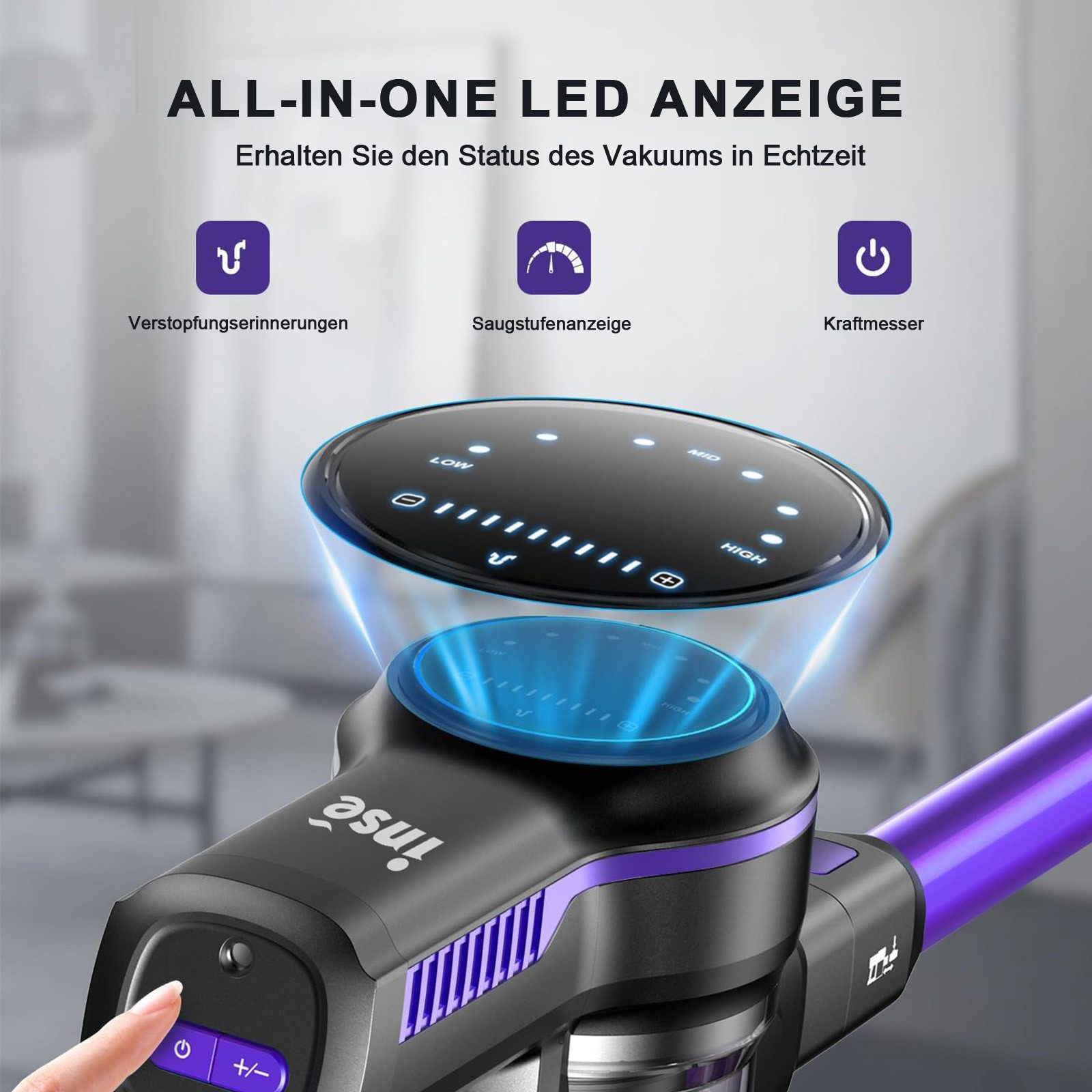 INSE Akku-Hand-und Stielstaubsauger 50000Pa,AkkuStaubsauger 60 Minuten, 1.2L,3 HEPA Filter Akkusauger, Akku Staubsauger, LED-Anzeige,3 Saugstufen,Handstaubsauger Kabelloser