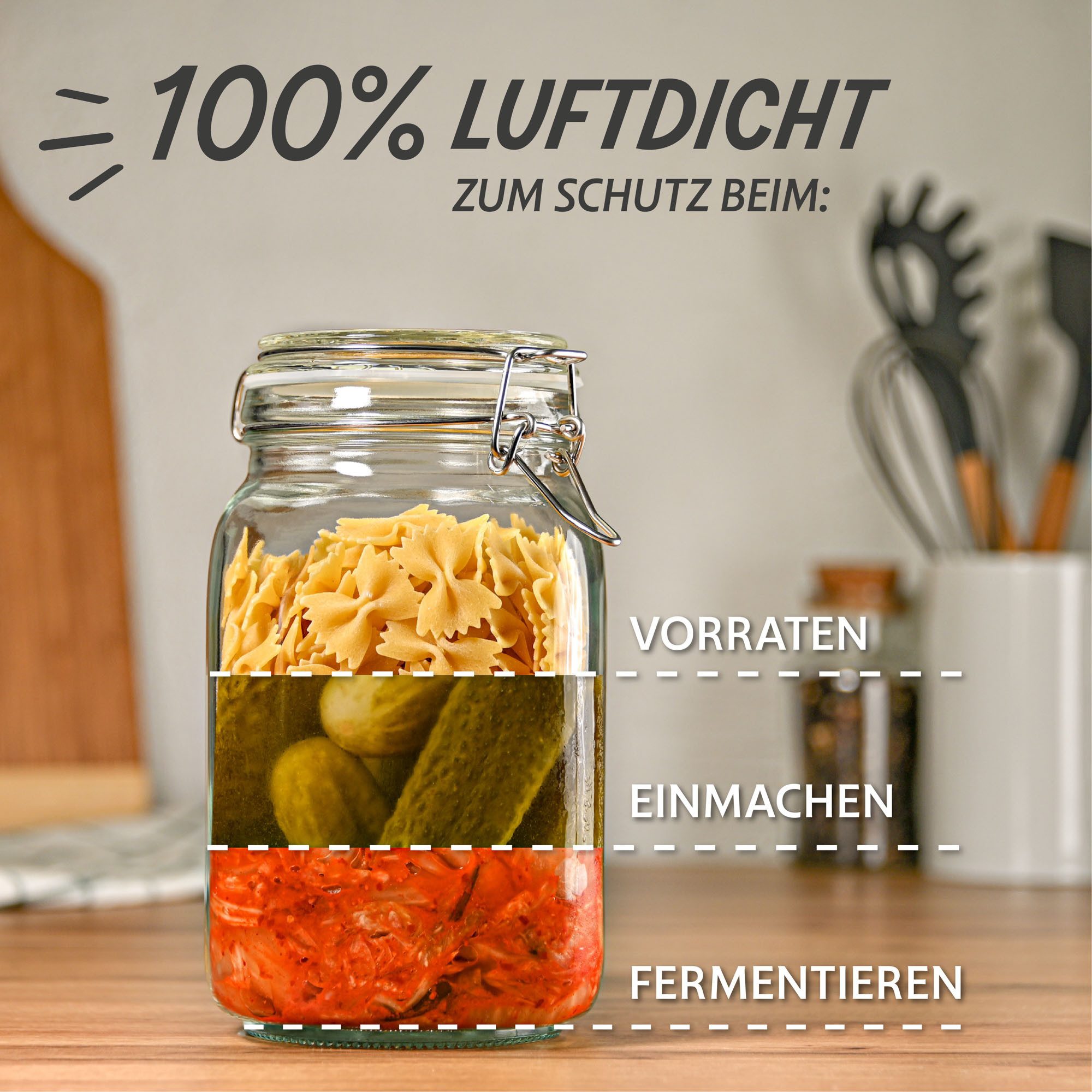 Praknu Vorratsglas 4 Einmachgläser mit Bügelverschluss 1,5l - Mit Etiketten, Stift und, Glas, (Set, 4-tlg., 4 Einmachgläser 1500 ml, Bügelverschluss, Etiketten, – Bild 5 von 5