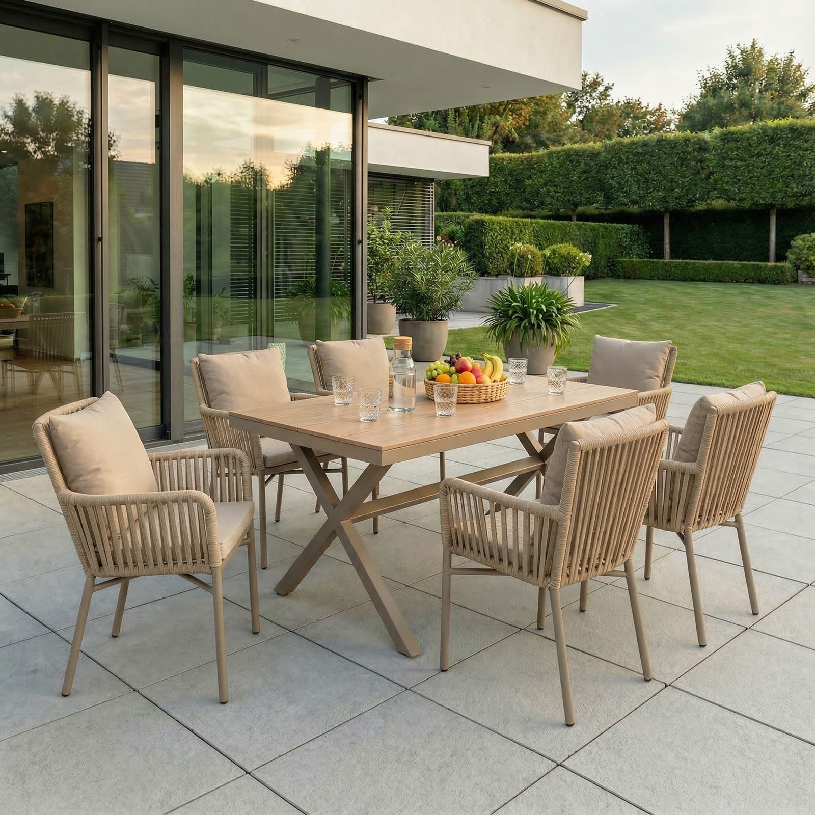 CARO-Möbel Garten-Essgruppe AFUERA, Gartenmöbel Set, 6 Personen wetterfest aus Alu und Rope champagner