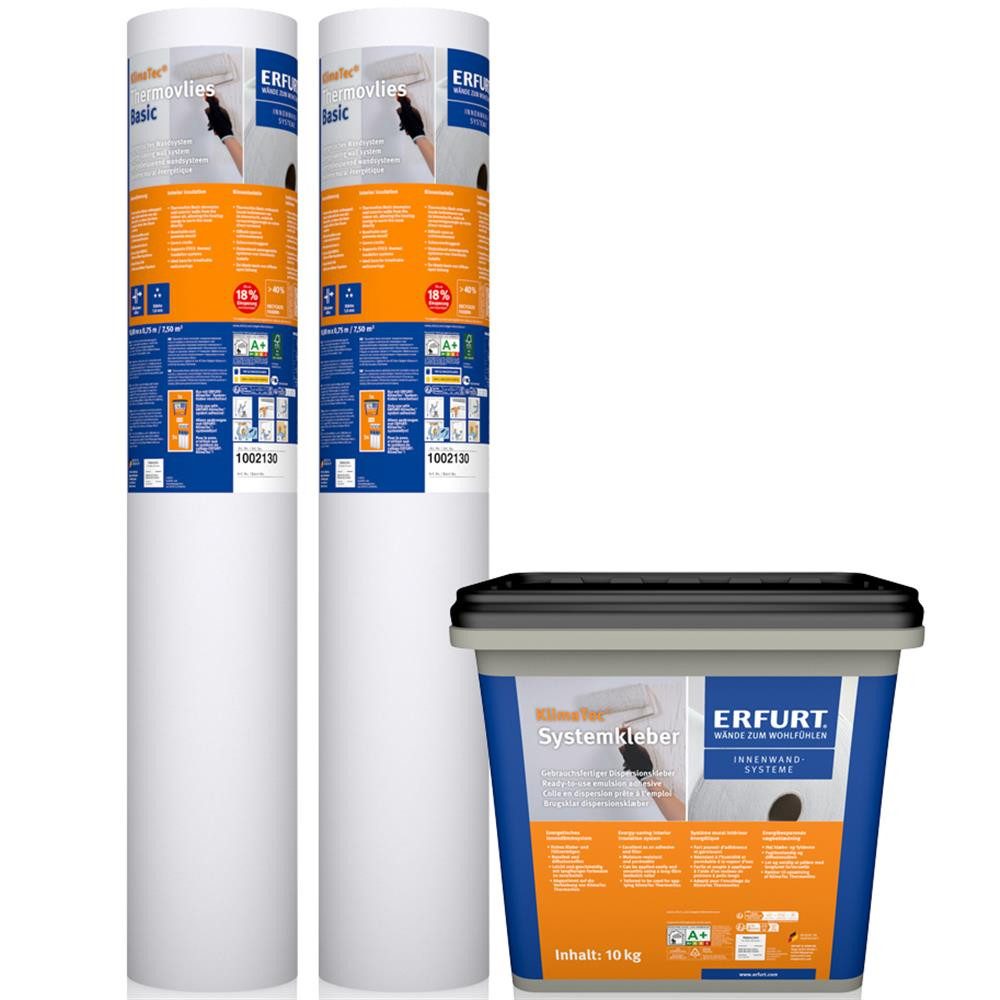 ERFURT Vliestapete KlimaTec Thermovlies Basic Dämmtapete + Kleber Systemkleber Dämmung, (Set, 2 Rollen Thermovlies Basic 10 x 0,75m + 1 Eimer Systemkleber (10kg), Wärmedämmung Wand und Decke