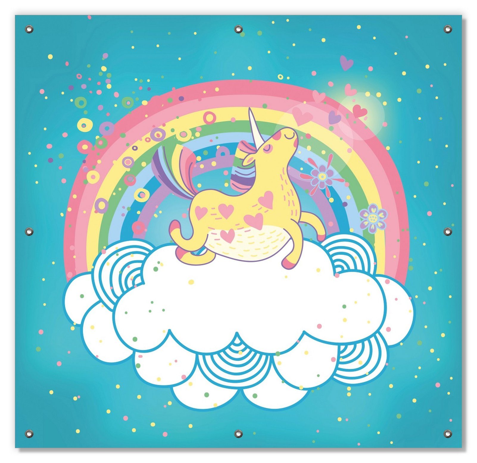 Sonnenschutz Lustiges Einhorn auf einer Wolke vor Regenbogen, Wallario, blickdicht, mit Saugnäpfen, wiederablösbar und wiederverwendbar