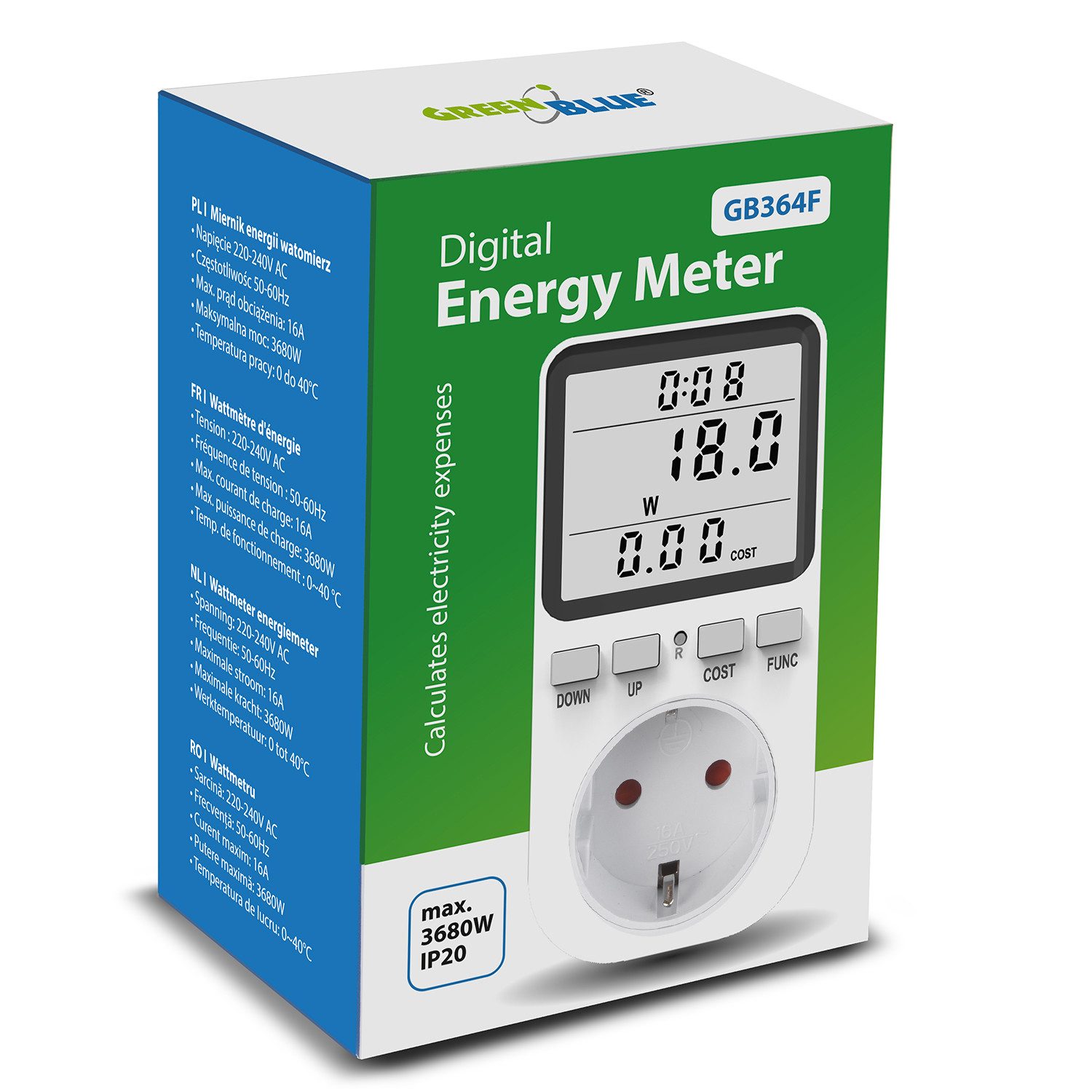 GreenBlue Energiekostenmessgerät GB364, 1-tlg., Wattmeter Energiezähler Stromverbrauchszähler