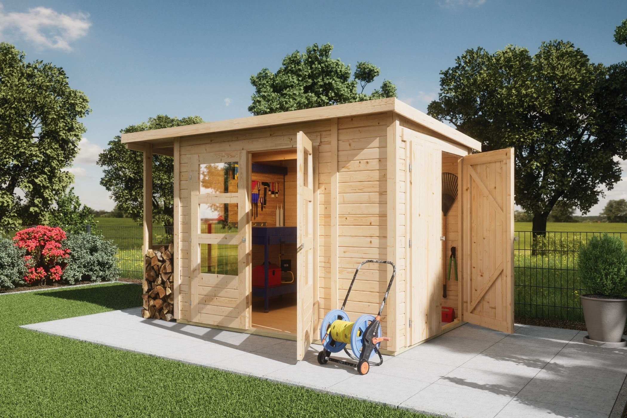 Karibu Gartenhaus Gartenhaus Multi mit Schrank & Anbaudach