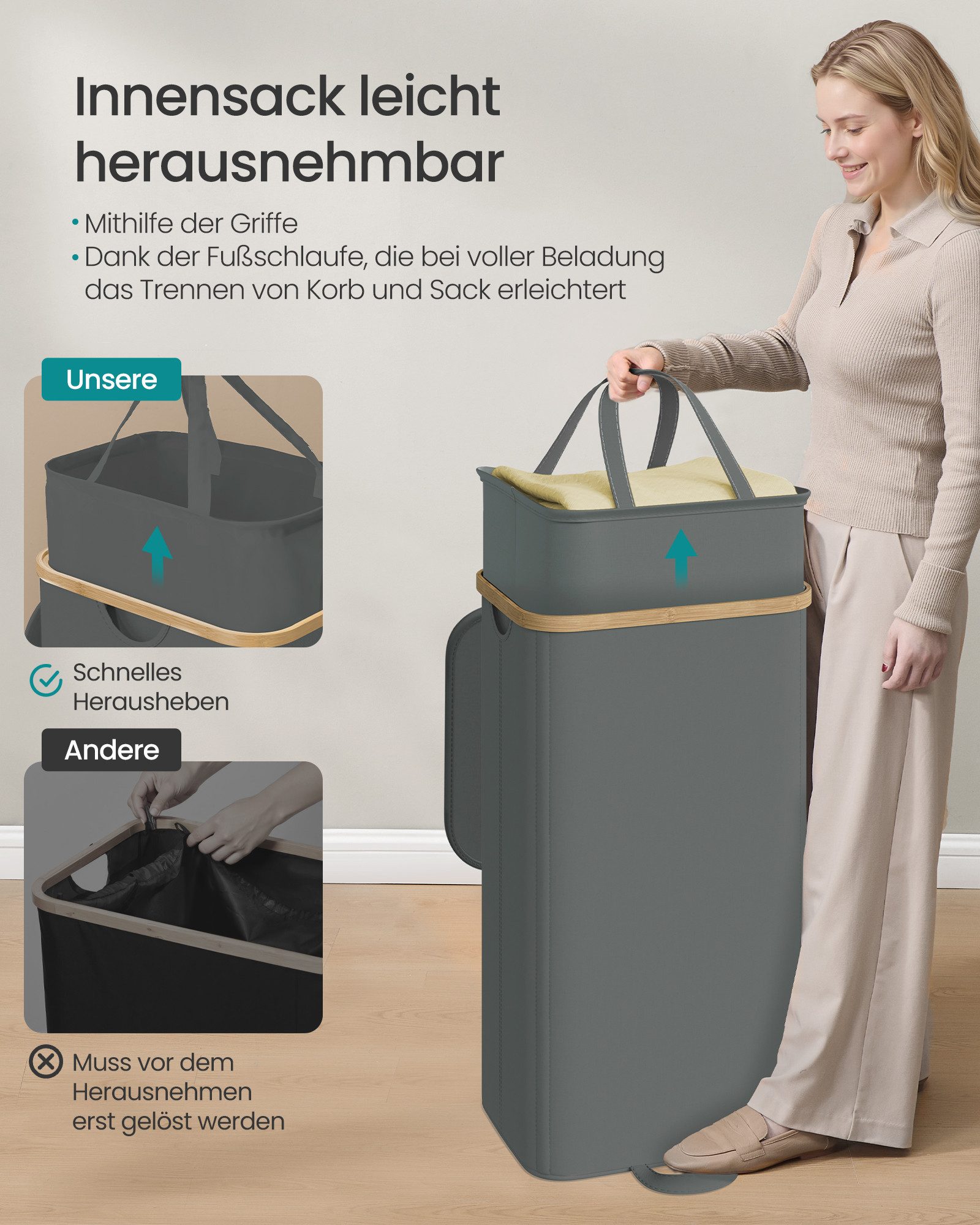 SONGMICS Wäschekorb, Wäschekorb mit Deckel, Wäschesammler, Wäschetruhe, herausnehmbar