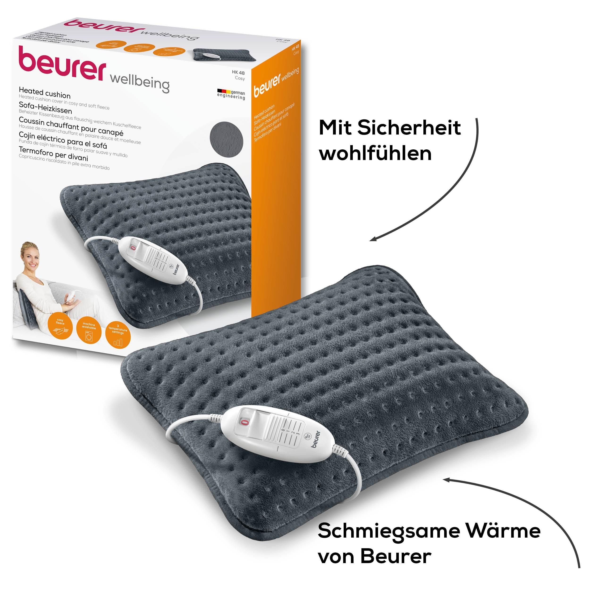 BEURER Sofaheizkissen HK 48, flauschig weiches Material in Sofakissen-Optiky, 3-tlg., Waschbarer Bezug, 3 Temperaturstufen, Wendekissen