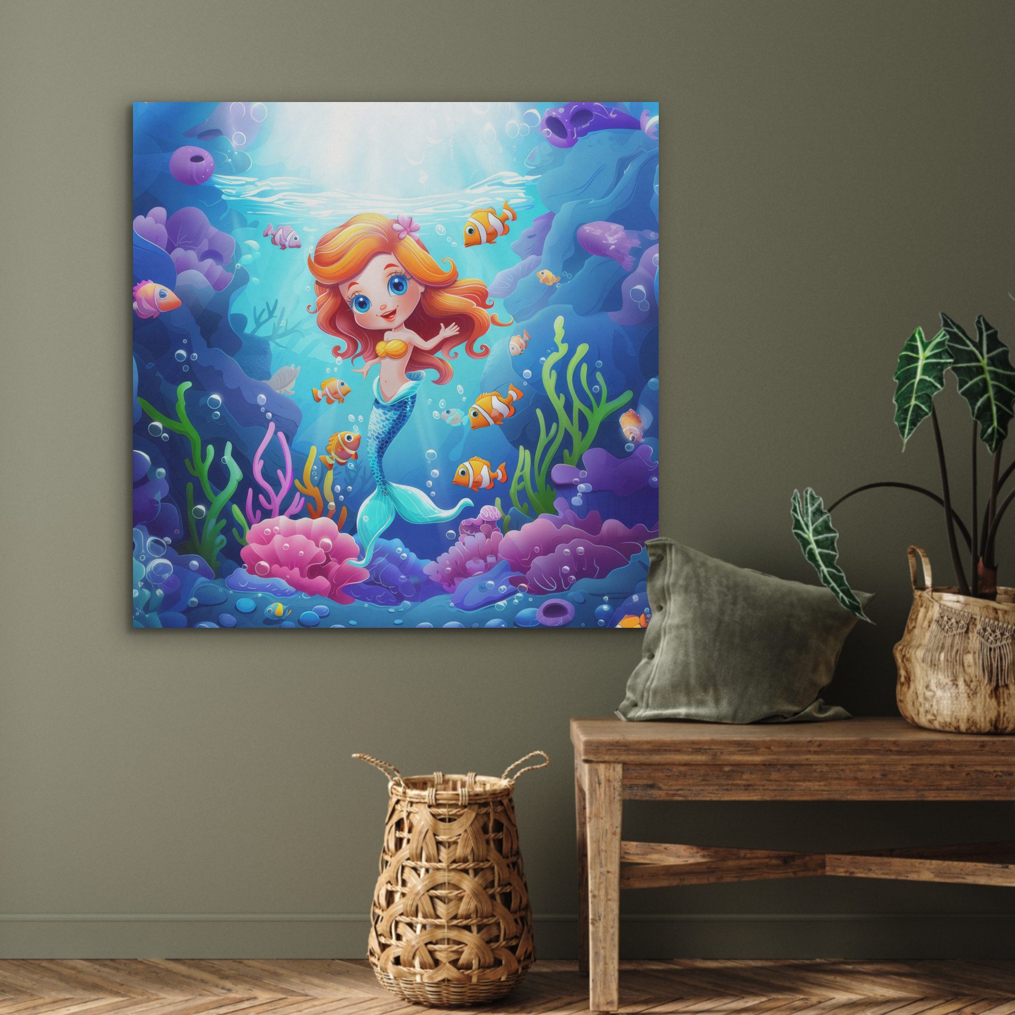 MuchoWow Gemälde Meerjungfrau - Unterwasserwelt - Fische - Ozean, Fotodruck (1 St), Akustikbilder PET-Filz, Wandpaneele, Akustikpaneele 90x90 cm