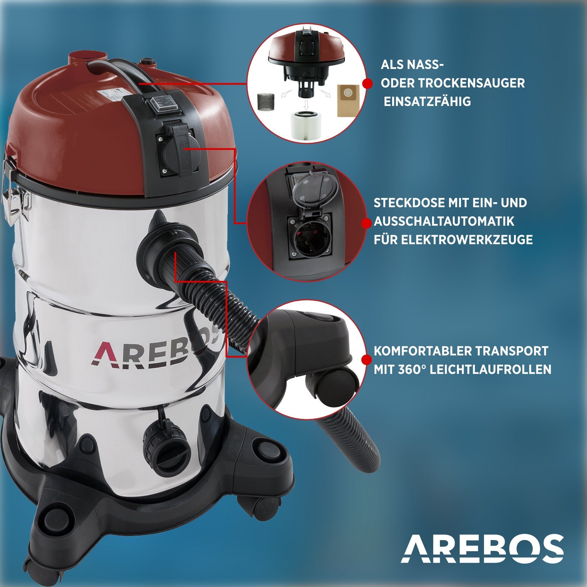 Arebos Industriesauger 5in1, Nass-& Trockensauger, 1300W, 30 L, 1300 W, 360° Rollen für optimale Rangierbarkeit