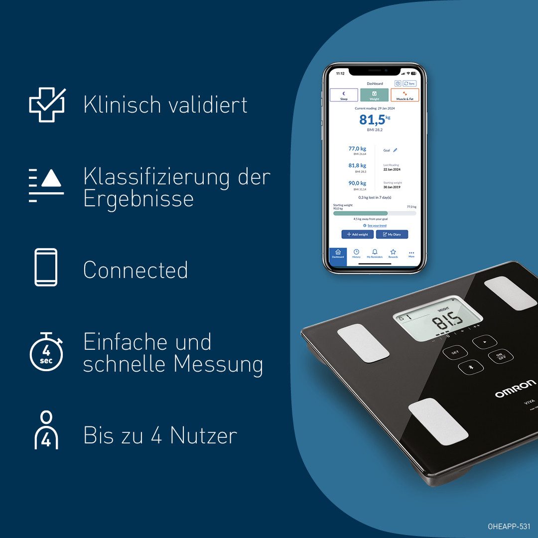 Omron Körper-Analyse-Waage VIVA misst Gewicht, Muskelmasse, Körper- & Viszeralfett, BMI & RMR, präzise Messung bis 180 kg, 4 Nutzer & Gastmodus, mit App