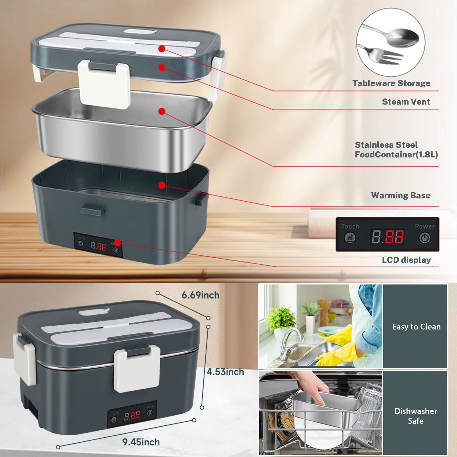 Athlix Elektrische Lunchbox 2L Elektrische Lunchbox, 80W Schnellheizung für Auto & Zuhause, Herausnehmbarer Edelstahl-Innenbehälter,Tragegriff und Isoliertasche – Bild 4 von 4