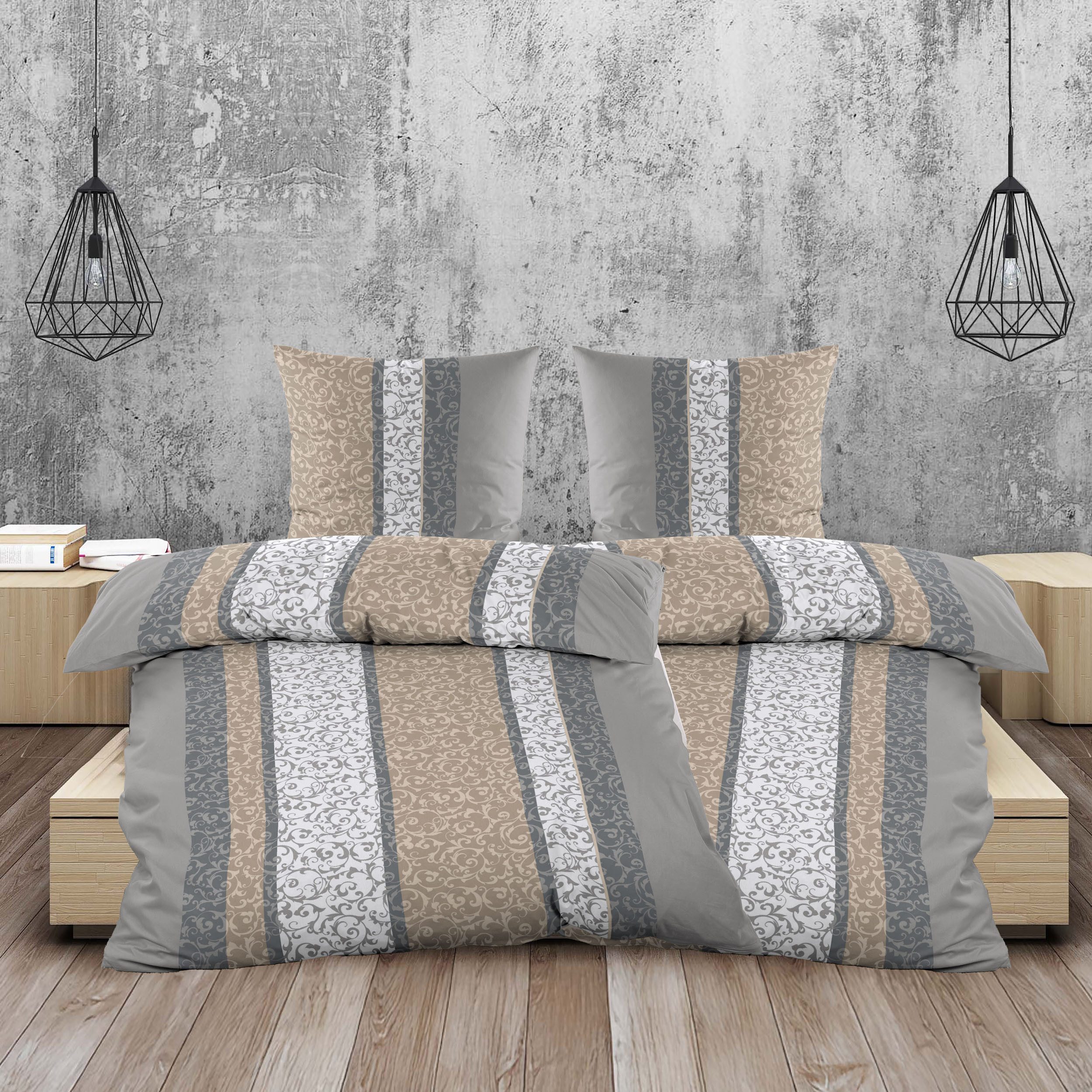 Casa Colori Bettwäsche Biber 135x200cm Grau Beige gestreift Schnörkelmuster günstig online kaufen
