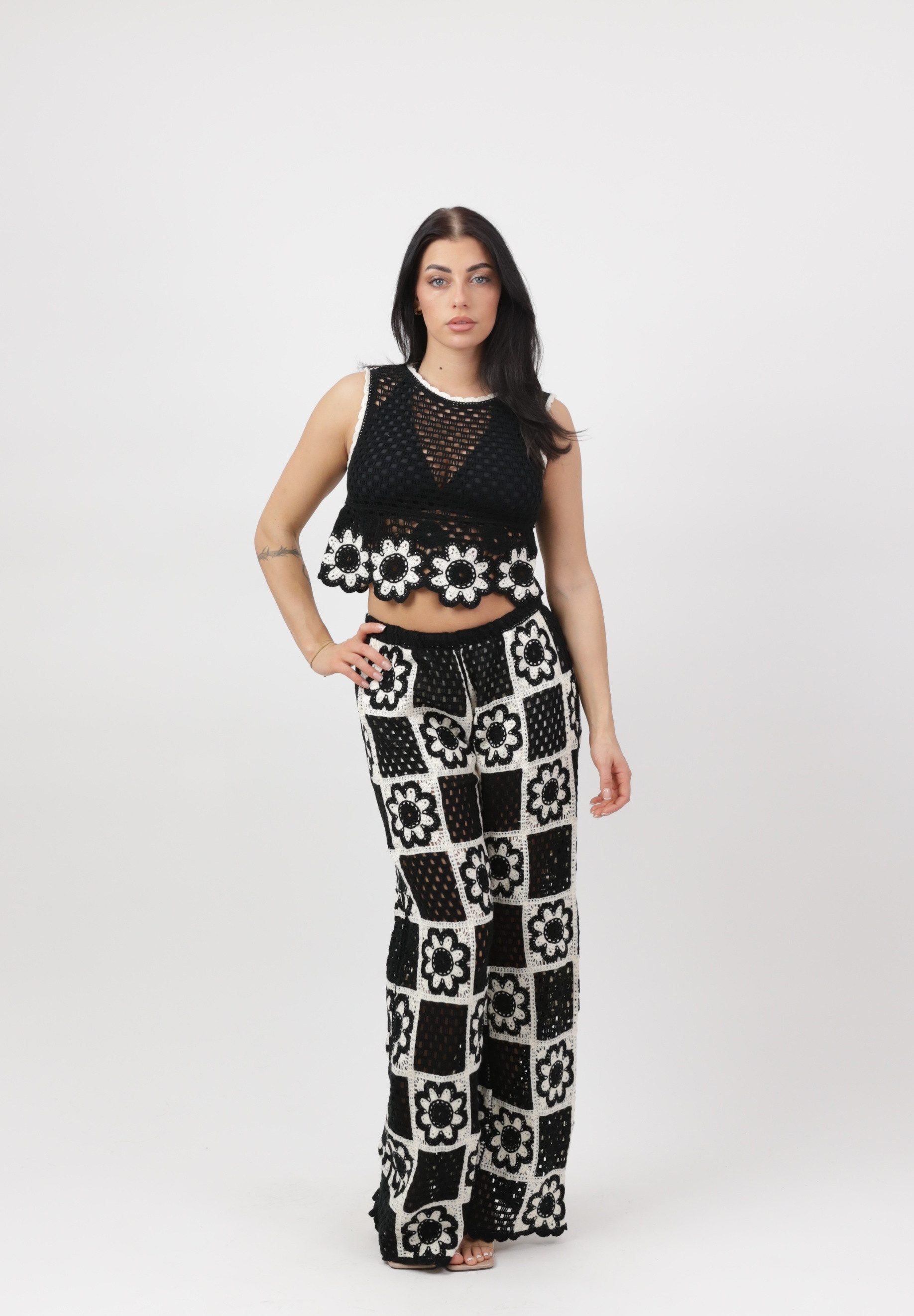 Cherry KoKo Top & Hose Damen Sommer Zweiteiler aus Häkeloptik mit Crop-Top und weiter Hose (2-tlg., 2)