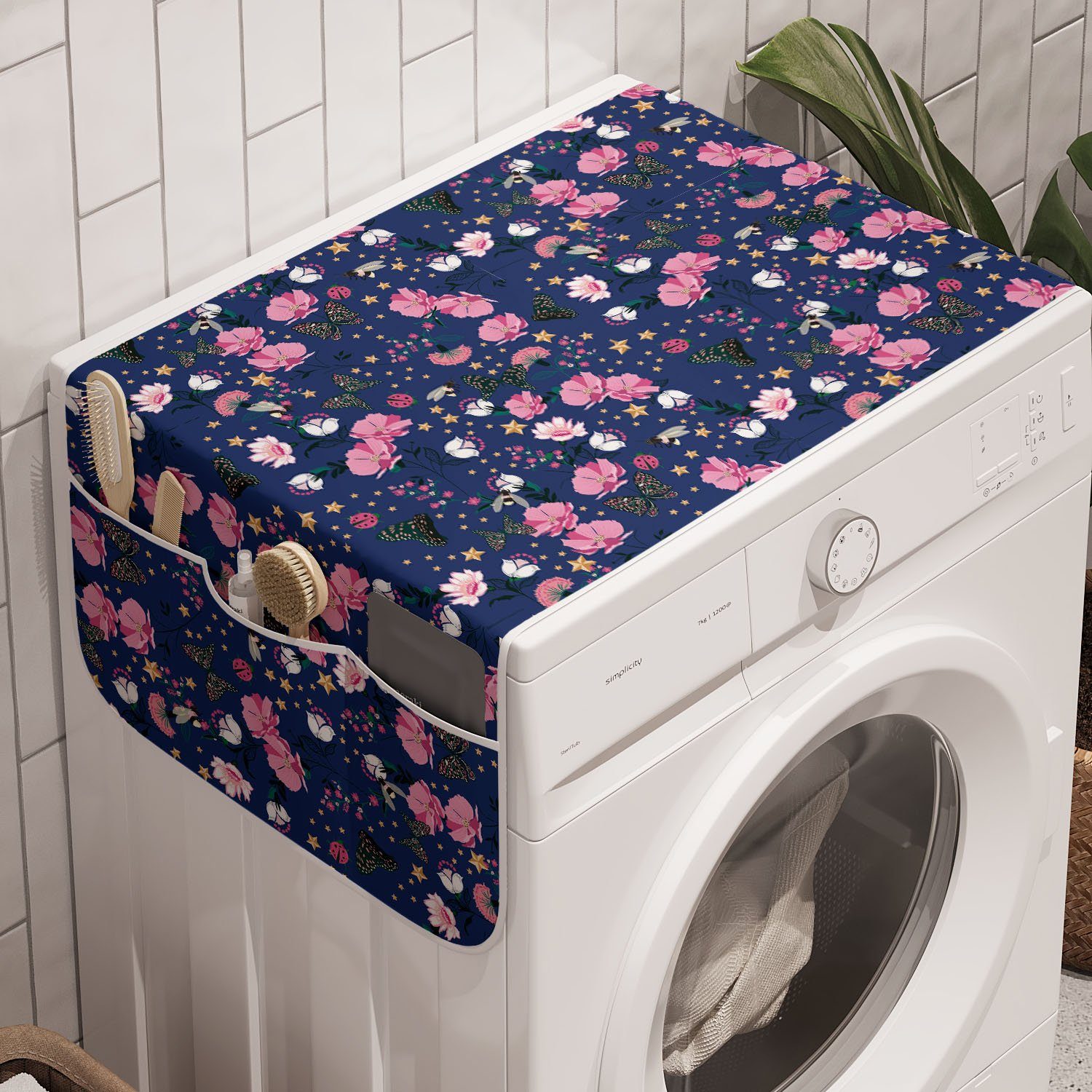 Abakuhaus Badorganizer Anti-Rutsch-Stoffabdeckung für Waschmaschine und Trockner, Blumen Schmetterlinge Sterne Blumen