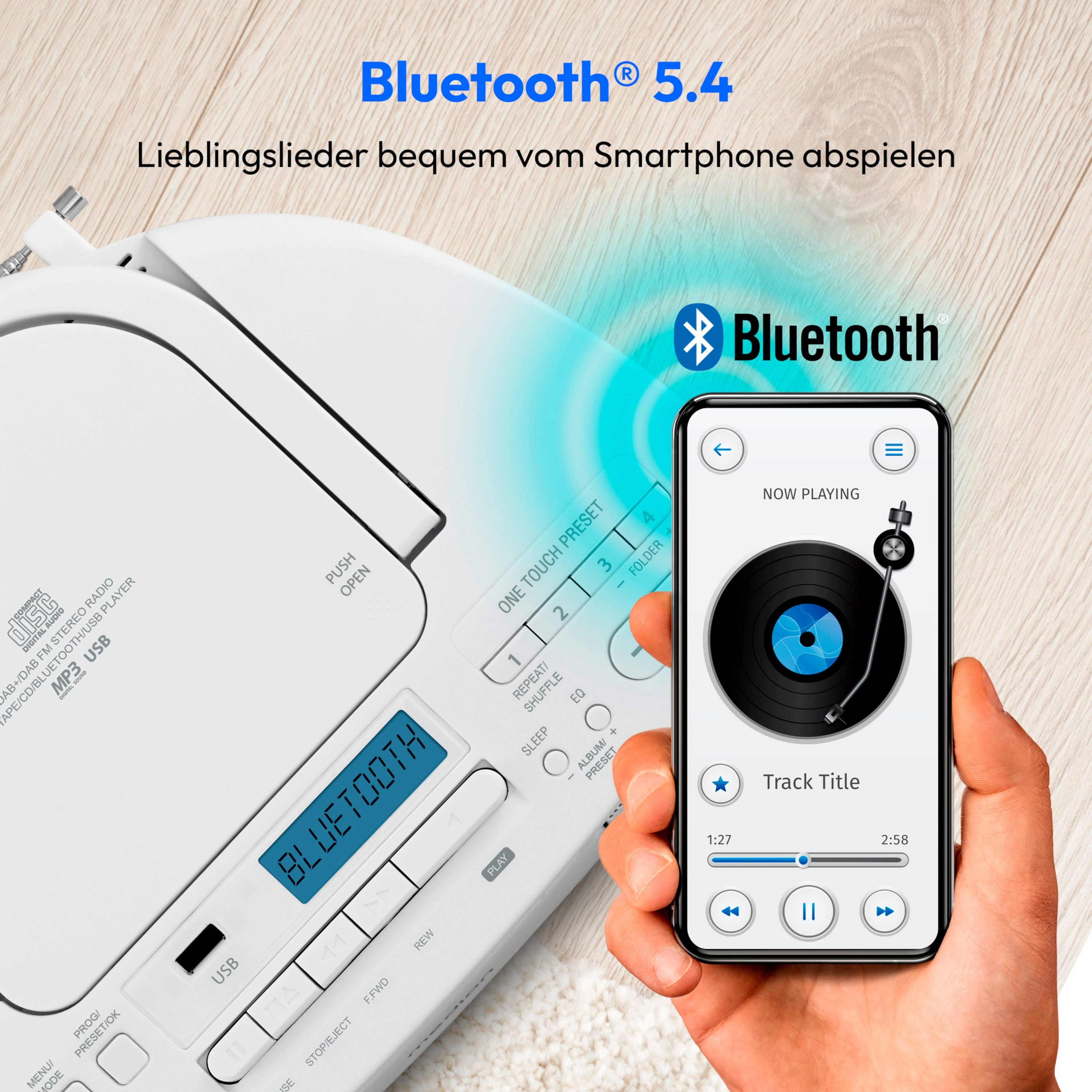 Medion® Boombox MEDION® LIFE® DRX-1 Plus (MD400003) Radio (AM- / FM- Tuner, MW / UKW mit RDS, 3 W, Bluetooth® 5.4, AUX-In, Batteriebetrieb: 6 x 1,5 V, Kopfhöreranschluss)