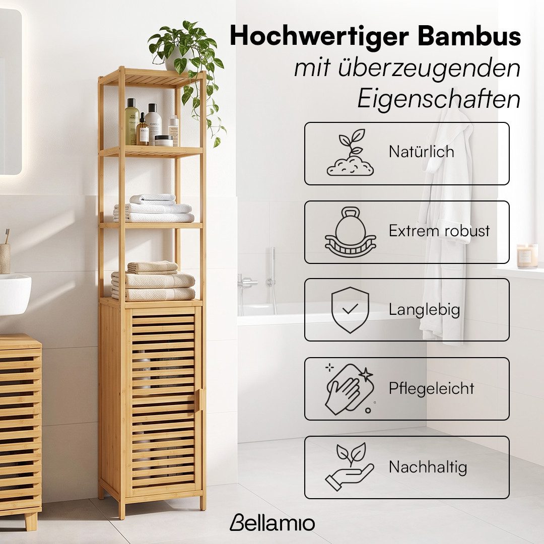 Bellamio Hochschrank Newa aus Bambus, Badezimmerschrank mit Ablage, lackiert (5 Fächer) Badezimmerschrank 165×33×33cm, verfügbar in verschiedenen Ausführungen – Bild 2 von 5
