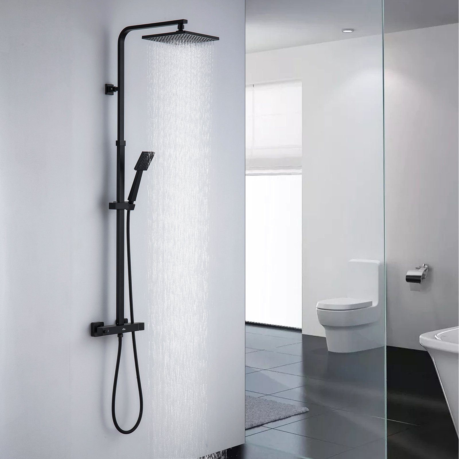 Auralum Duschsäule Duschsystem mit Thermostat Duscharmatur Duschset mit Regendusche, mit Handbrause und höhenverstellbar Duschstange | Brausegarnituren
