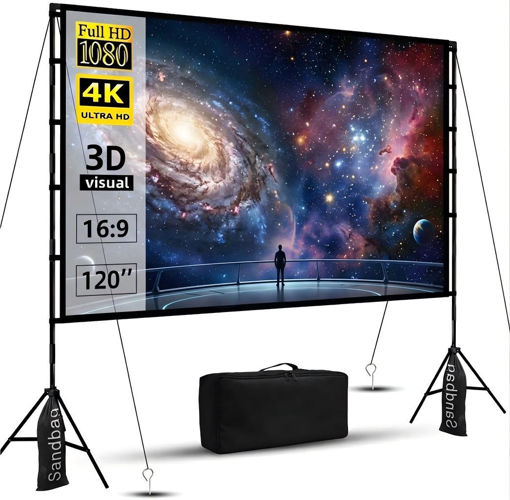 BlingBin Beamer Leinwand 100/120" 16:9 HD 4K/8K Projektionsleinwand mit Stativ Stativleinwand (160 Grad Betrachtungswinkel, Tragbare Doppelseitige Leinwand)