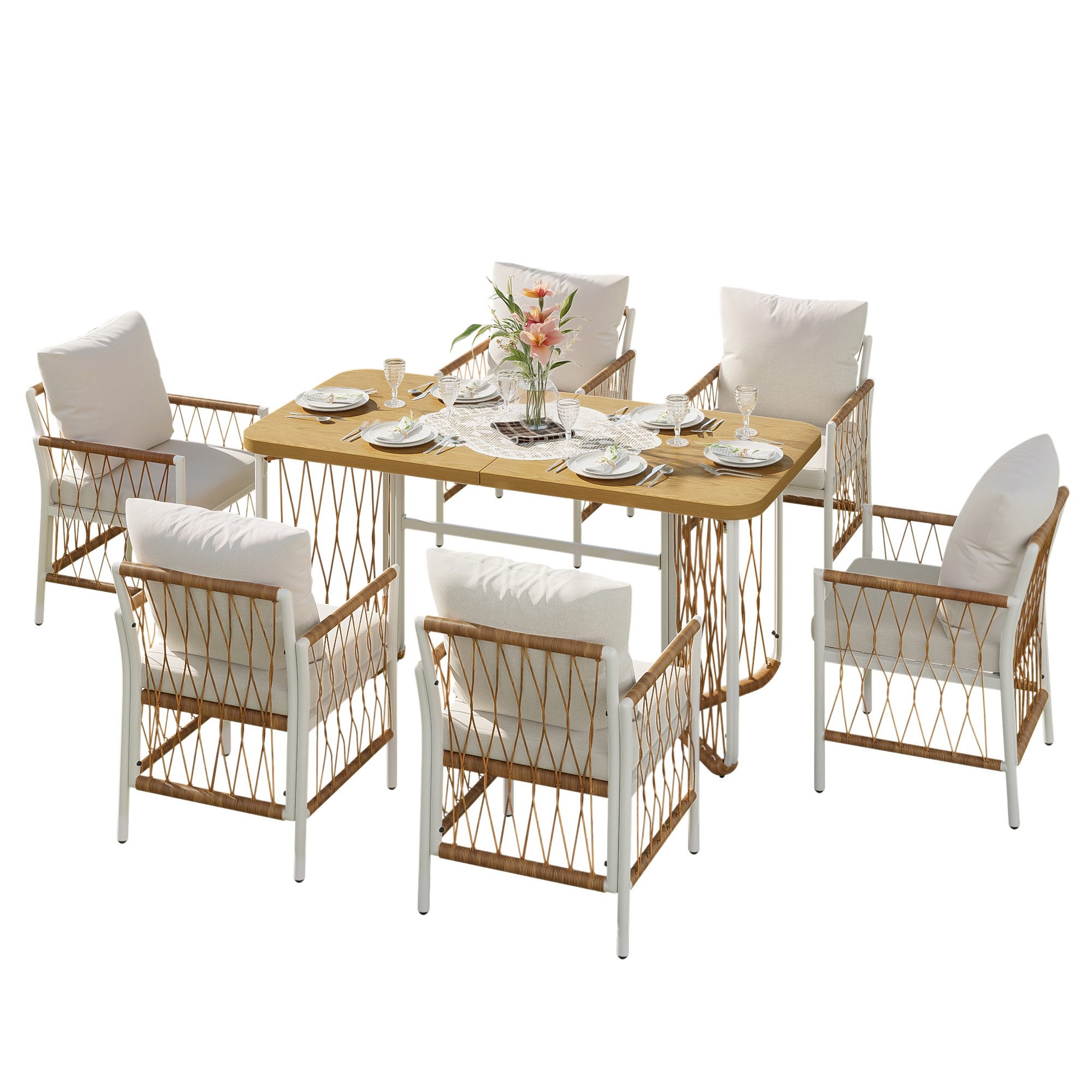 Refined Living Gartenlounge-Set Outdoor Essgruppe 6 Personen Rattan Set mit Kissen & Holztisch, (1 Tisch + 6 Stühle, Eisengestell weiß, PE-Rattan Armlehnen, dicke Polsterkissen, 1-tlg., Holzoptik Tischplatte, Beige+Braun+Natur, modern Outdoor Möbel), für Garten Terrasse Balkon, komfortabel, stabil, wetterfest
