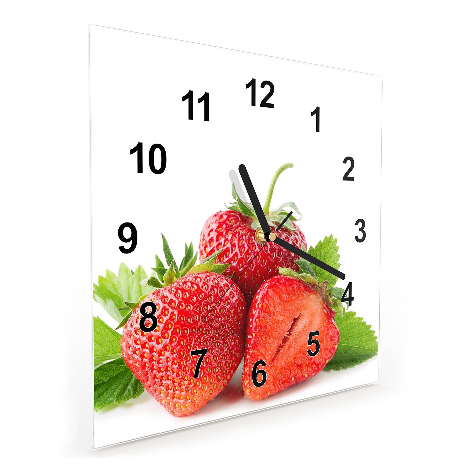 Erdbeeren Glasuhr 30 Größe Blättern cm Primedeco Wanduhr Wandkunst 30 mit x Wanduhr Motiv Drei mit