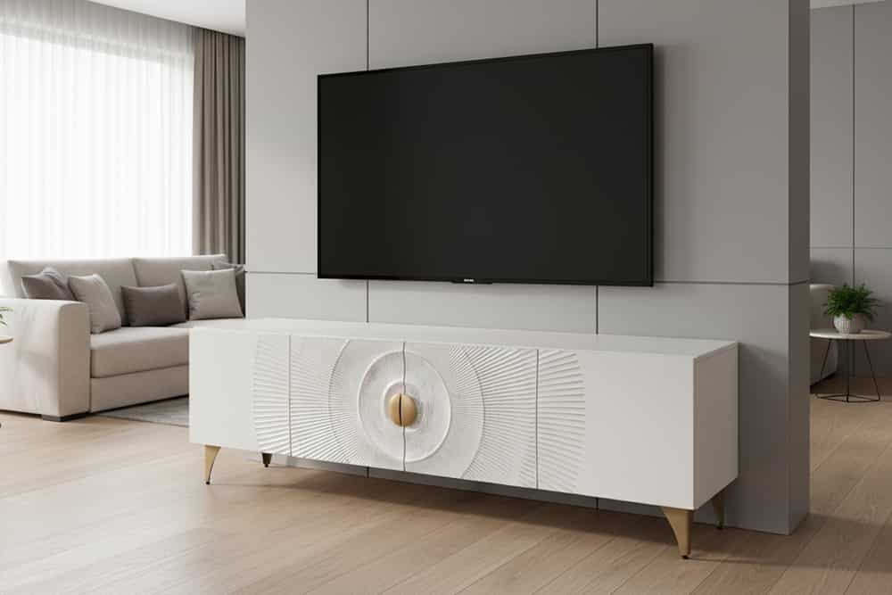 riess-ambiente Lowboard GOLDEN SUNSET 180cm weiß / gold - Mango, Massivholz, 3D Schnitzereien (Einzelartikel, 1 St), TV-Schrank mit Metallfüßen - ideal für Gäste-, Schlaf & Wohnzimmer