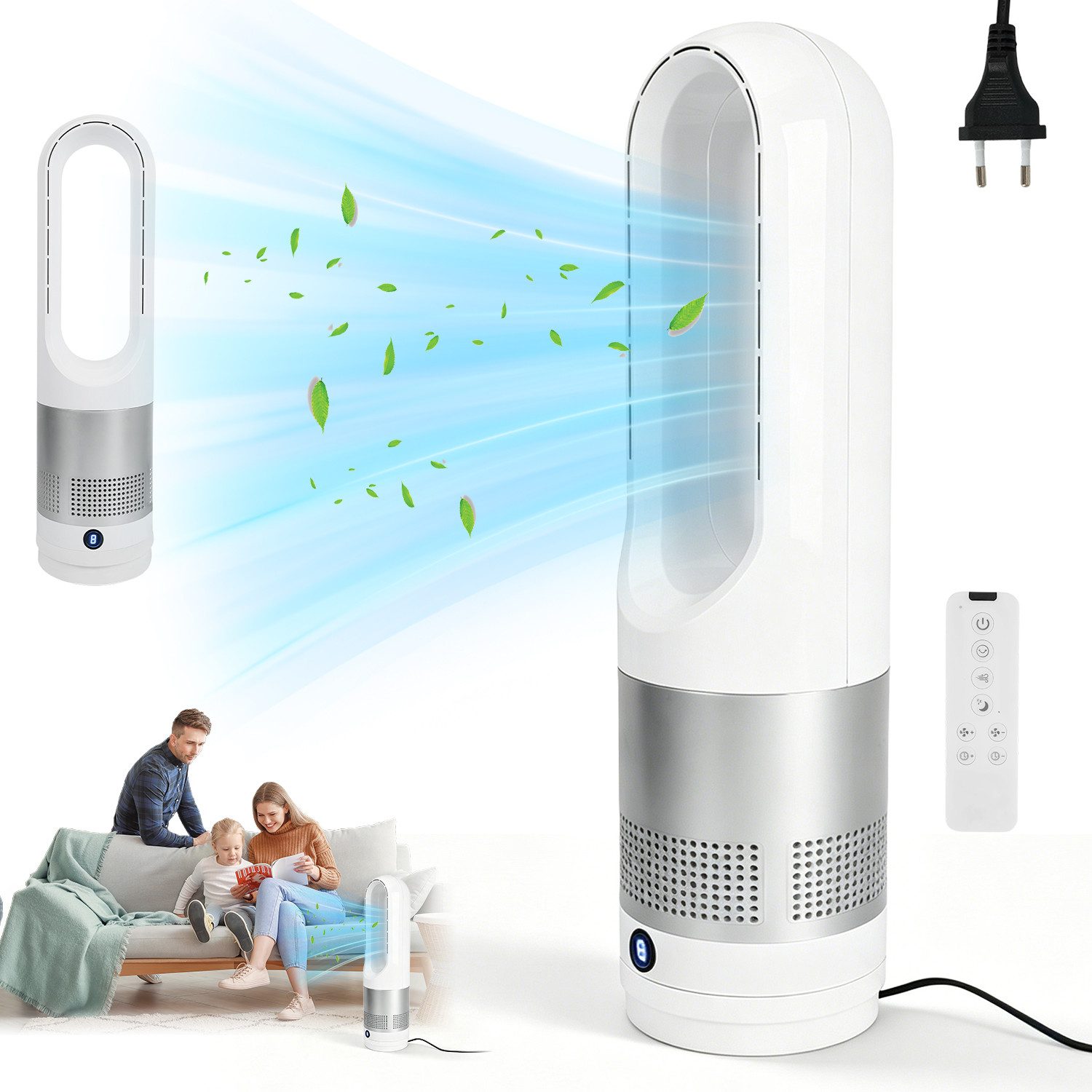 AKKEE Turmventilator Bladloser Ventilator Standventilator Oszillation 90°, Timer, sehr Leise, 35 dB, LED-Anzeige